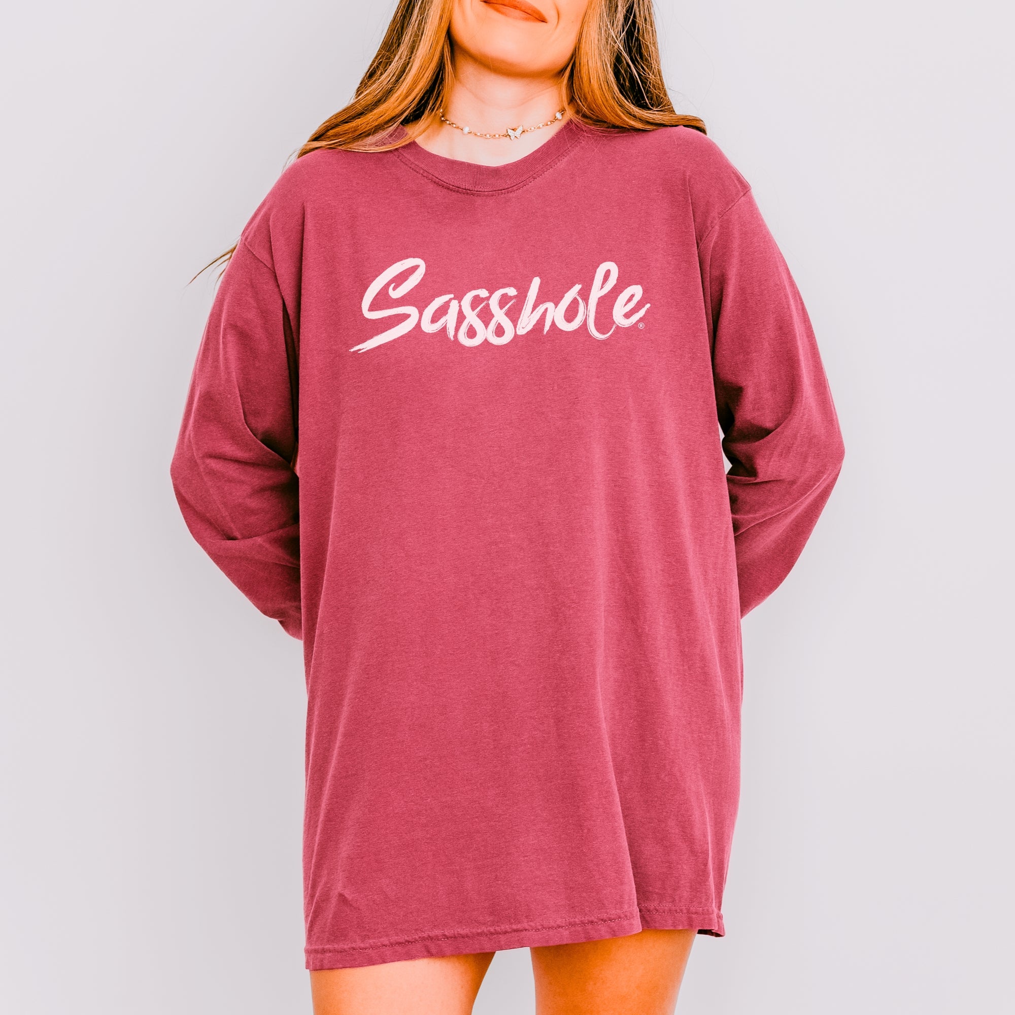 Image of Sasshole® Women’s Comfort Colors® Long Sleeve Tee – Classic Script Funny Graphic Shirt