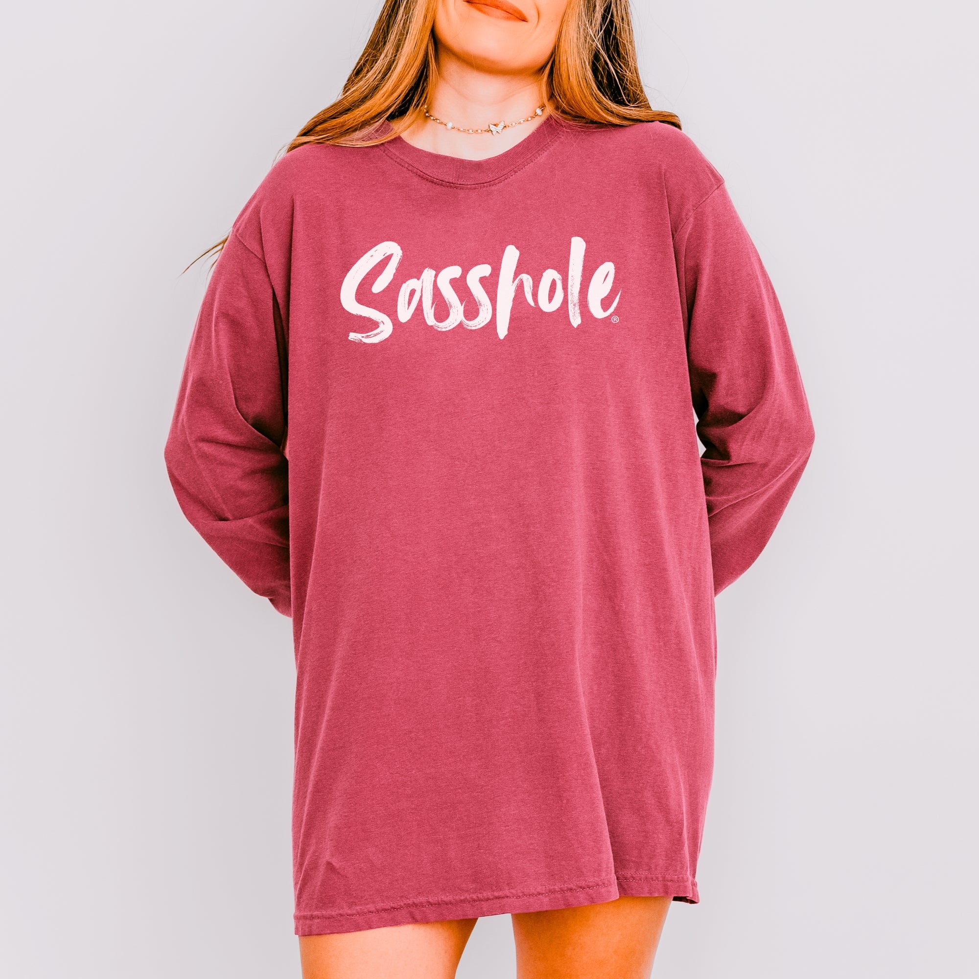 Image of Sasshole® Women’s Comfort Colors® Long Sleeve Tee – Bold Script Logo, Funny Graphic Shirt