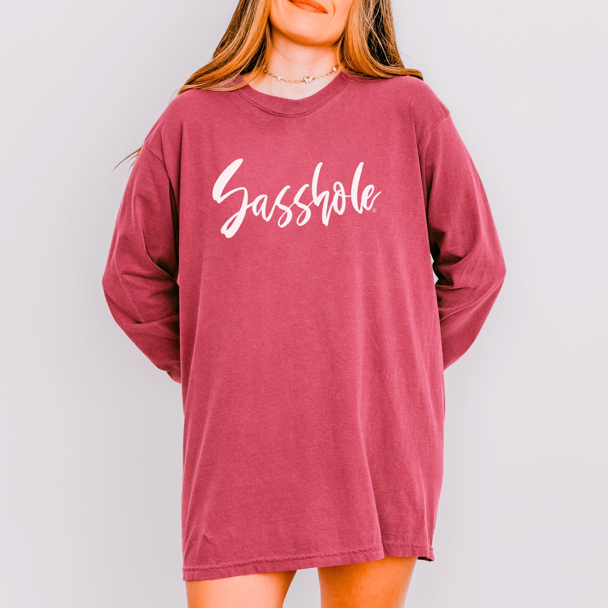 Image of Sasshole® Signature Script Long Sleeve T-Shirt – Bold Funny Women’s Graphic Tee