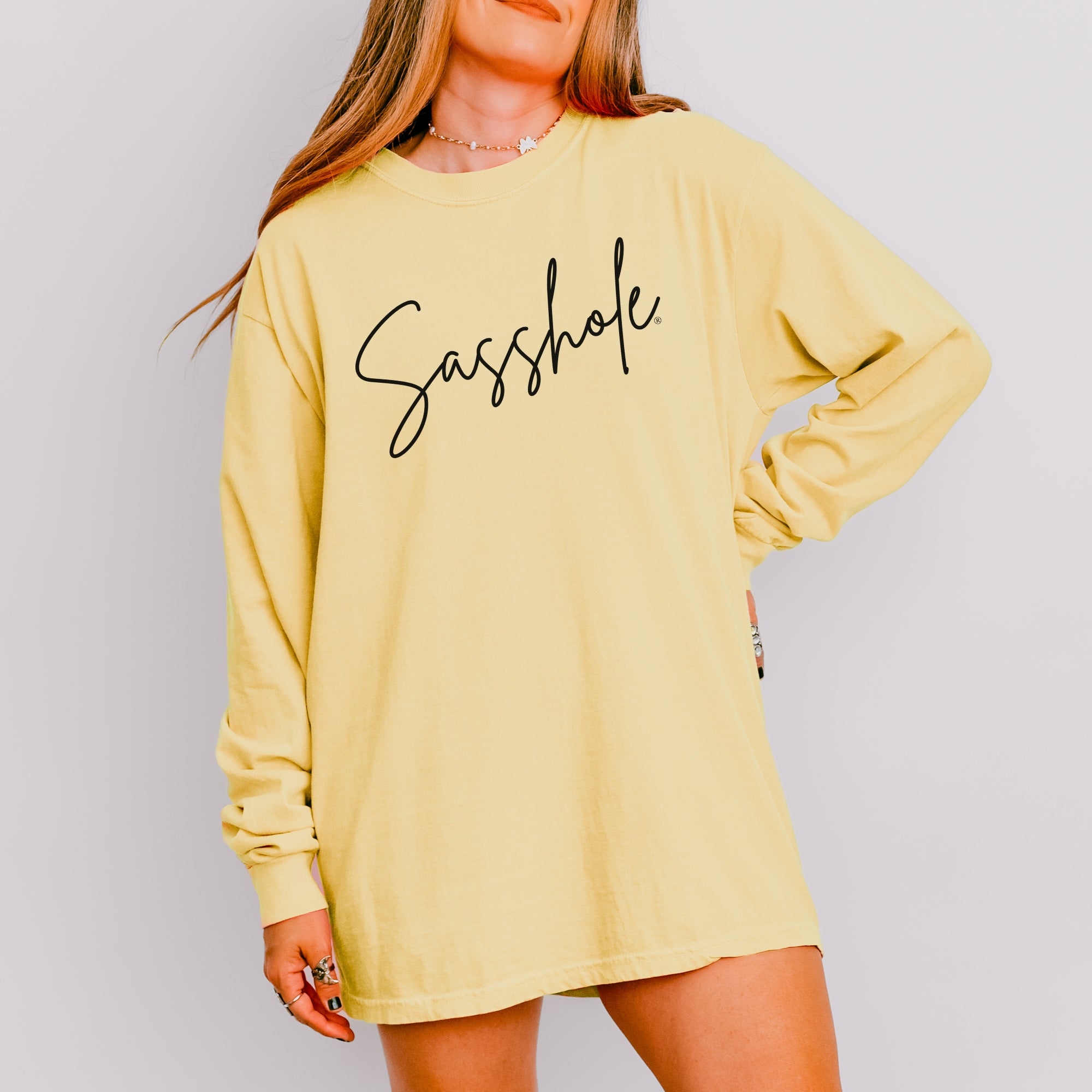 Image of Sasshole® Women’s Comfort Colors® Long Sleeve Tee – Script Funny Graphic Shirt