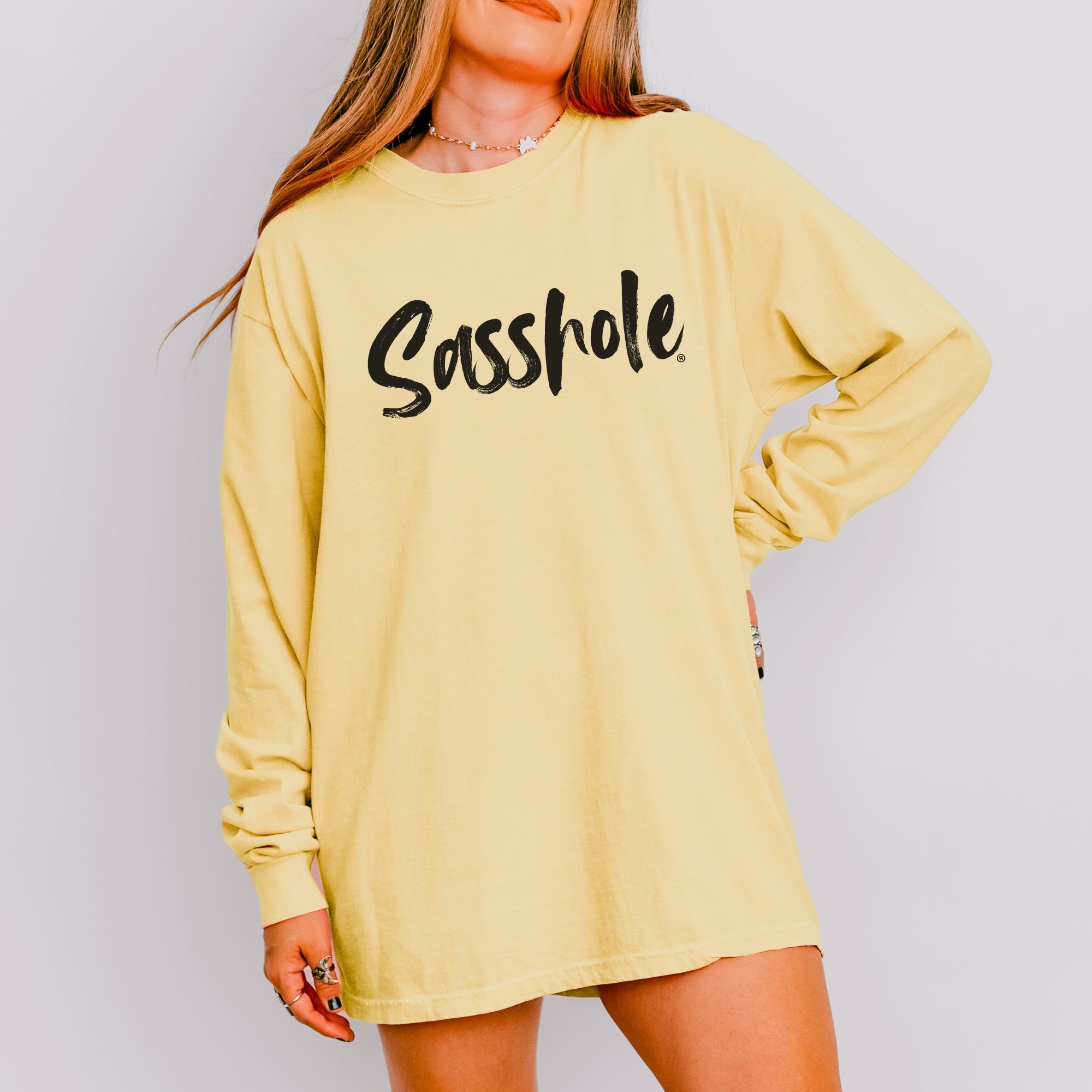 Image of Sasshole® Women’s Comfort Colors® Long Sleeve Tee – Bold Script Logo, Funny Graphic Shirt