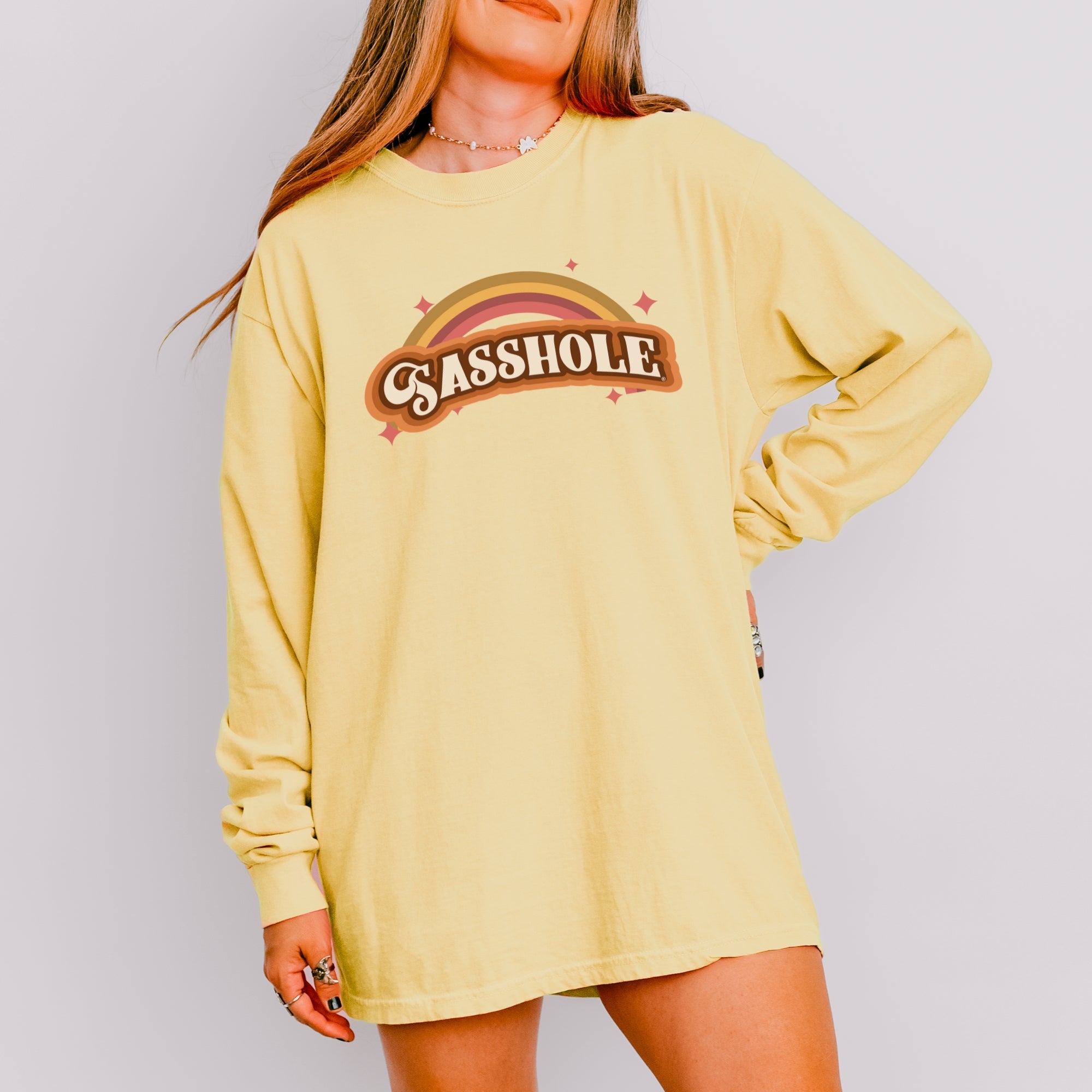 Image of Sasshole® Women’s Comfort Colors® Long Sleeve Tee – “Retro Rainbow” Funny Graphic Shirt, Bold Statement Top
