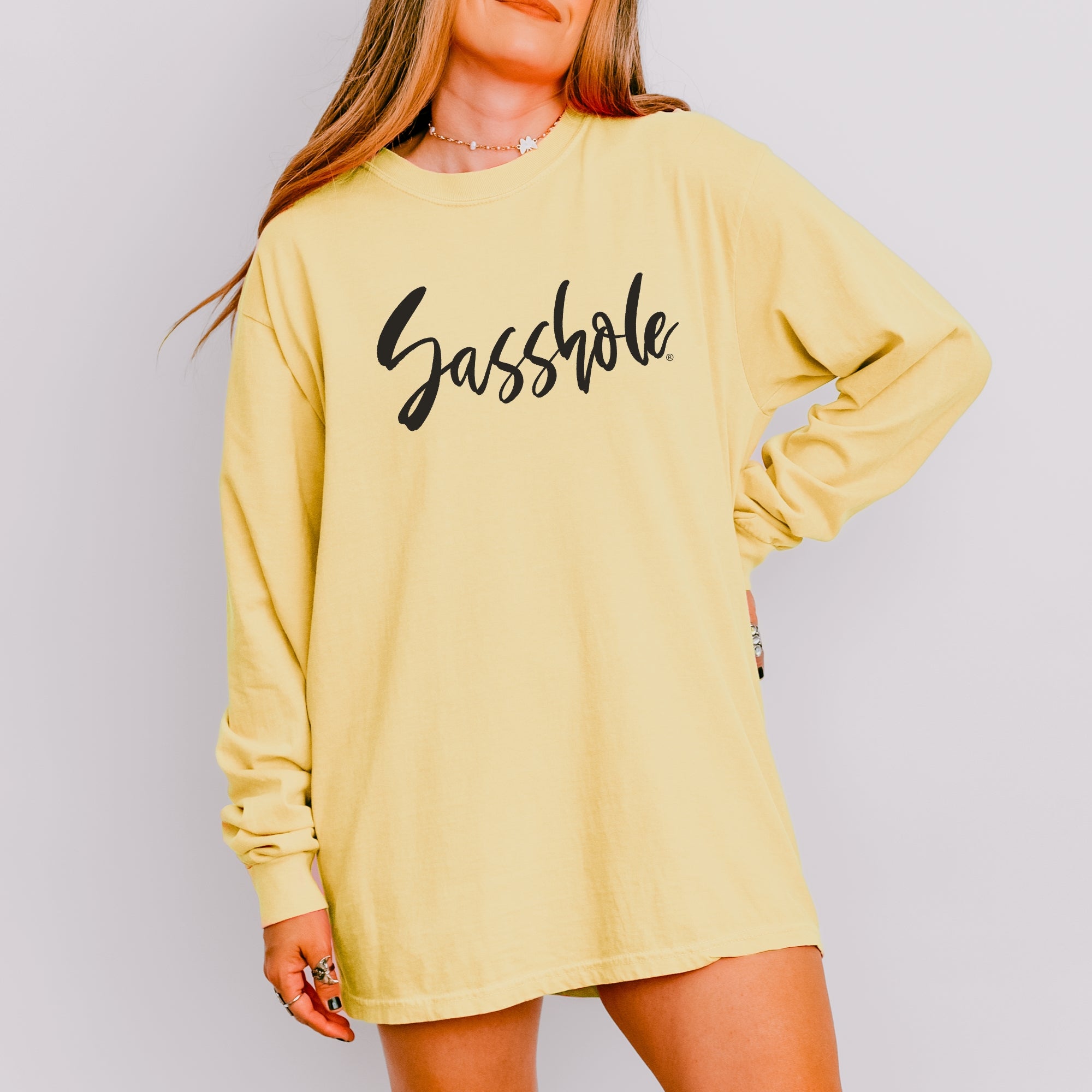 Image of Sasshole® Signature Script Long Sleeve T-Shirt – Bold Funny Women’s Graphic Tee