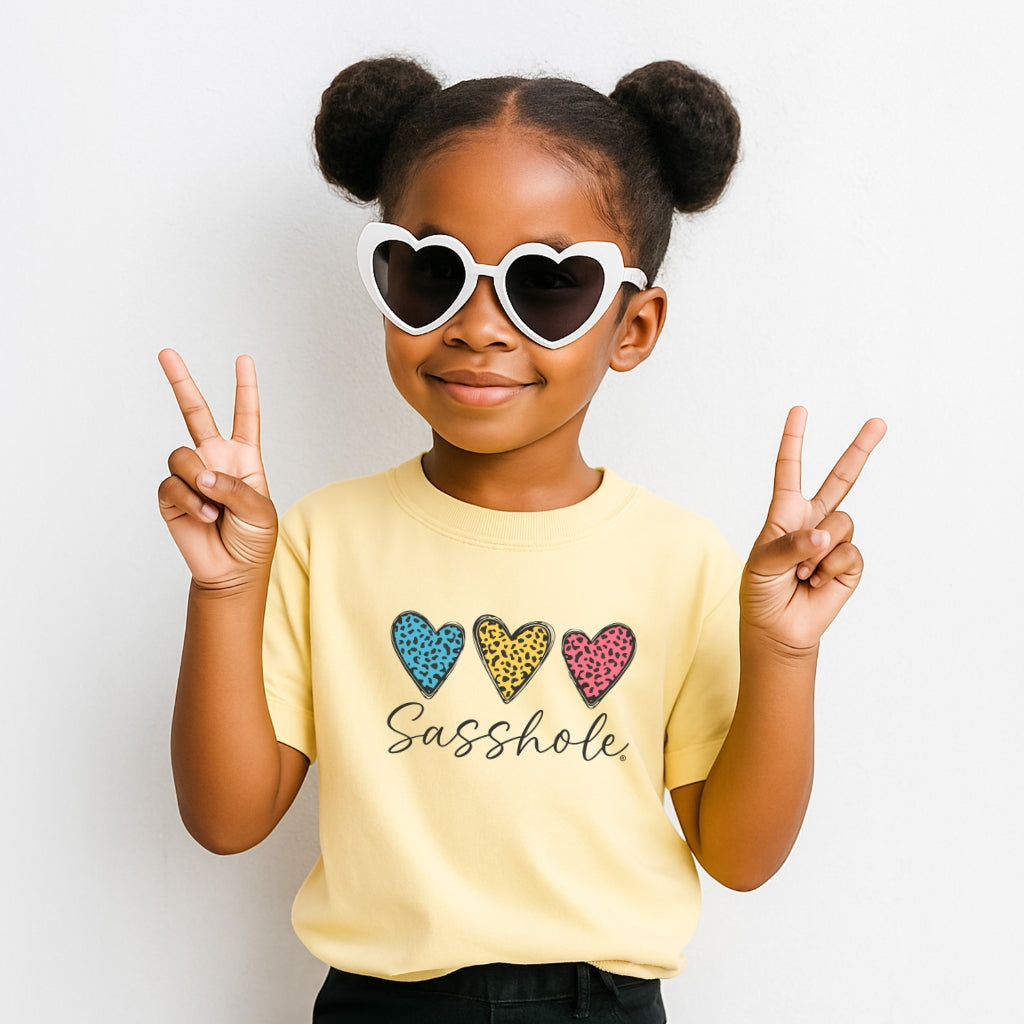 Sasshole® Youth Tee – Leopard Heart Graphic Shirt for Kids | Fun & Bold Children’s T-Shirt