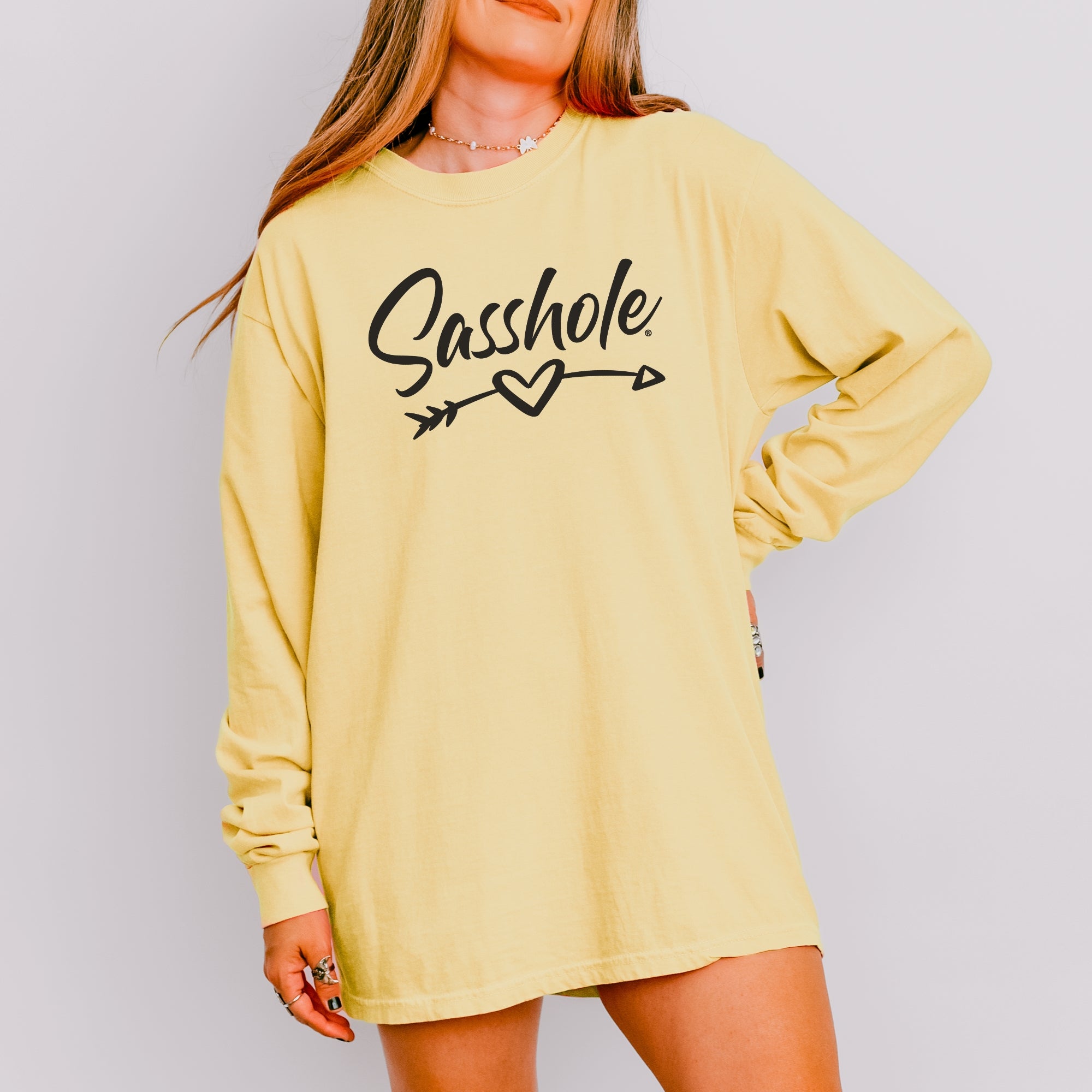 Image of Sasshole® Women’s Long Sleeve Tee – Heart & Arrow Graphic | Bold, Cozy Attitude