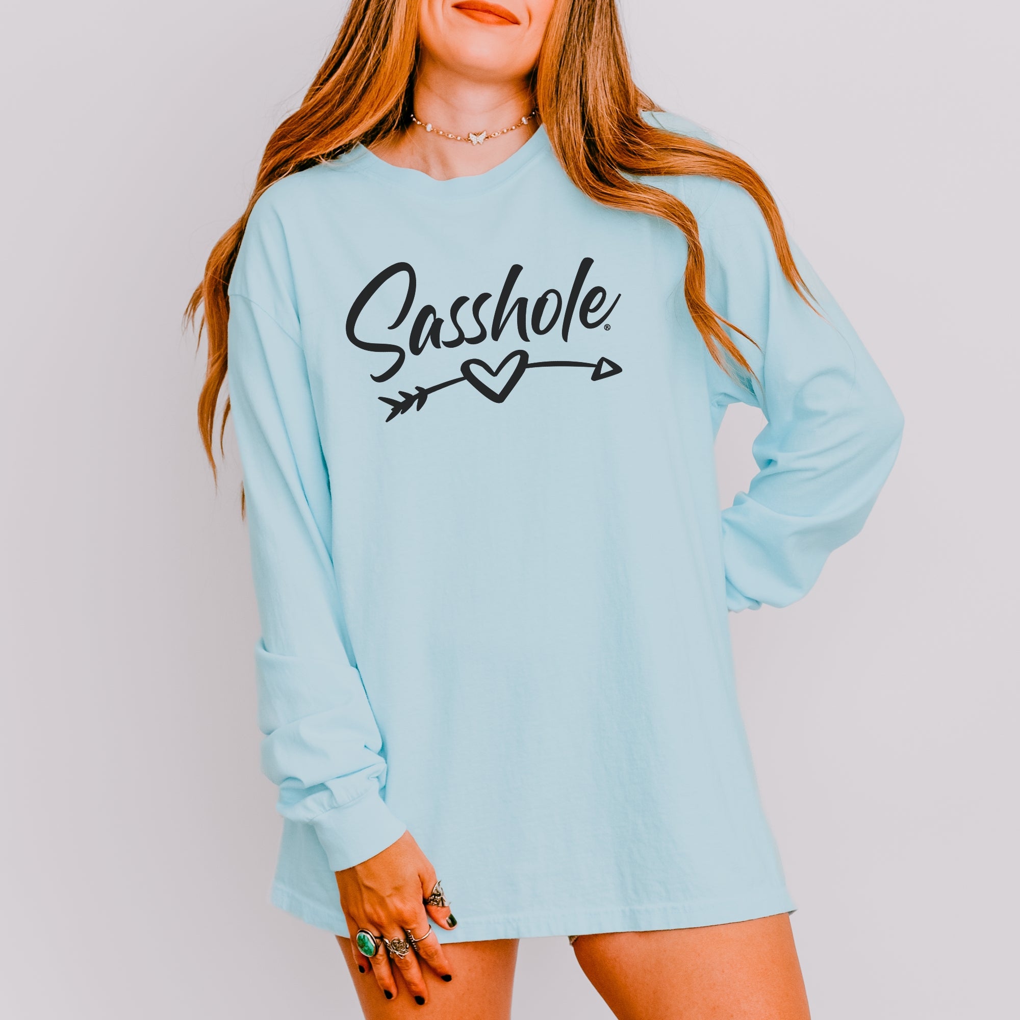 Image of Sasshole® Women’s Long Sleeve Tee – Heart & Arrow Graphic | Bold, Cozy Attitude