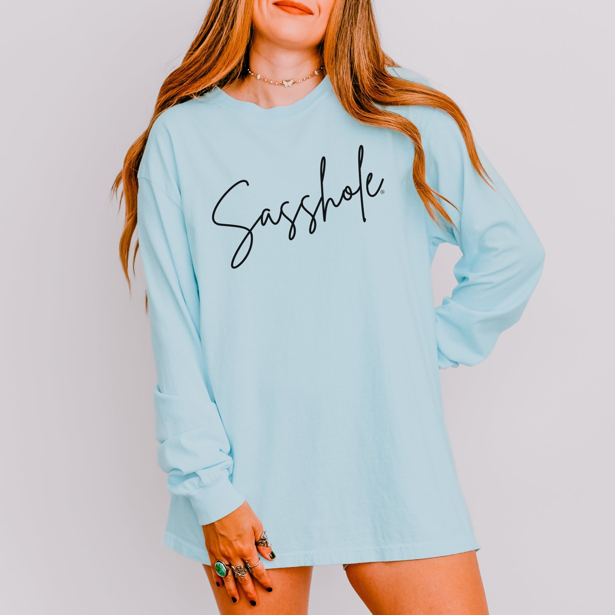 Image of Sasshole® Women’s Comfort Colors® Long Sleeve Tee – Script Funny Graphic Shirt