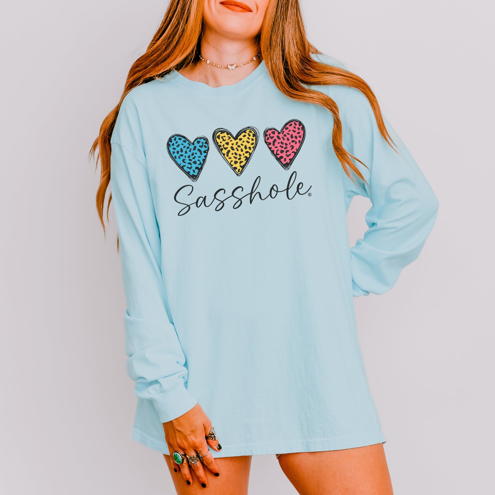 Sasshole® Women’s Comfort Colors® Long Sleeve Tee – “Triple Heart” Funny Graphic T-Shirt, Cozy Statement Shirt