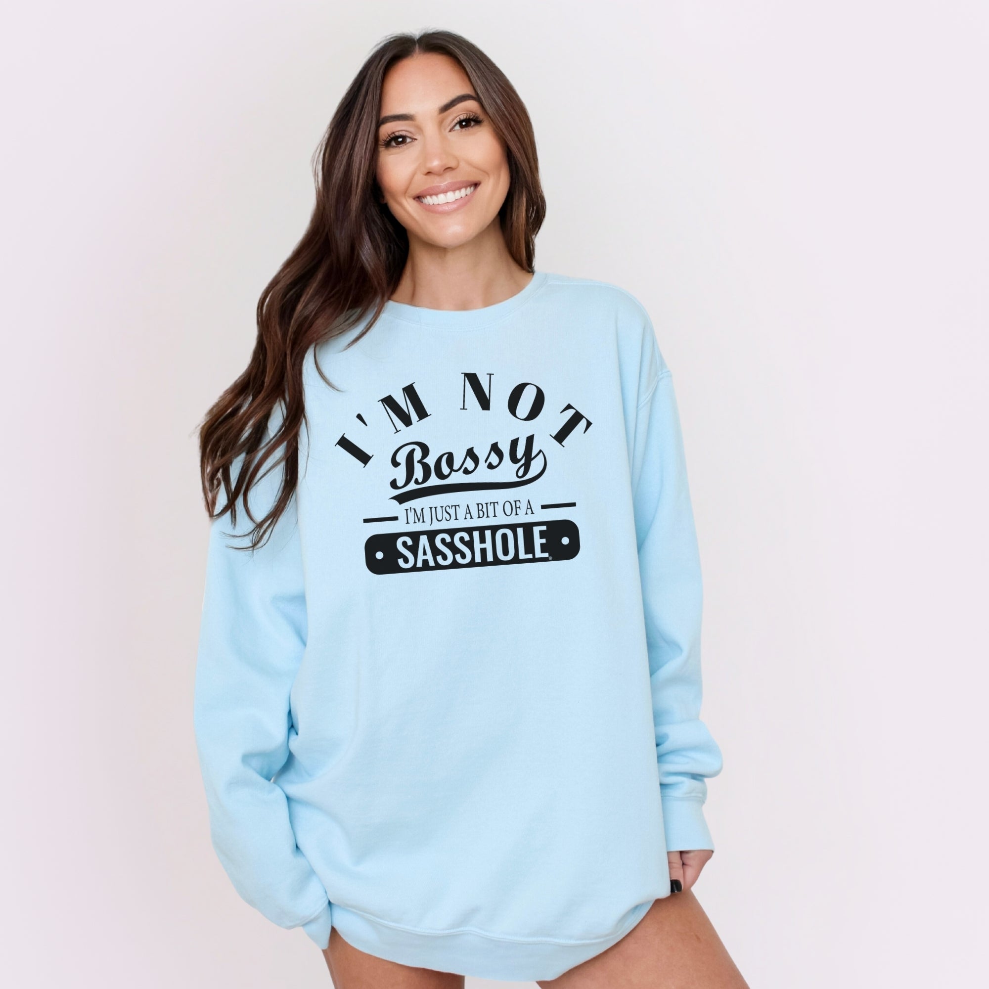 Image of Sasshole® Women’s Relaxed Fit Comfort Colors® Sweatshirt – I’m Not Bossy Funny Graphic Pullover