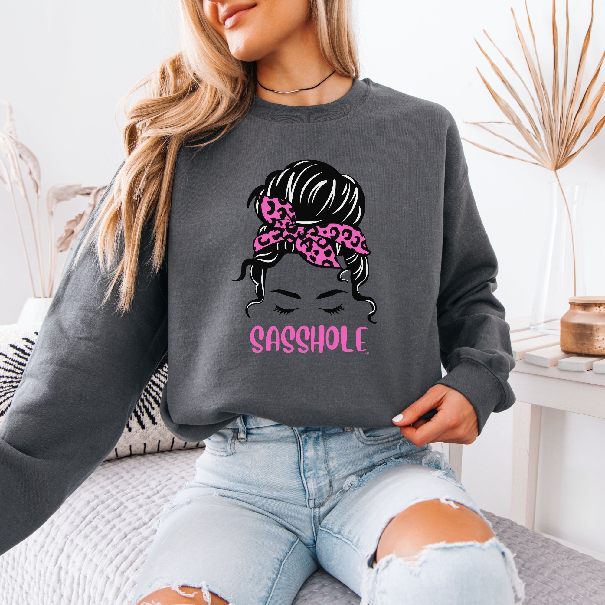 Image of Funny Top Knot Women’s Classic Fit Sweatshirt – Leopard Bandana Graphic Pullover by Sasshole®