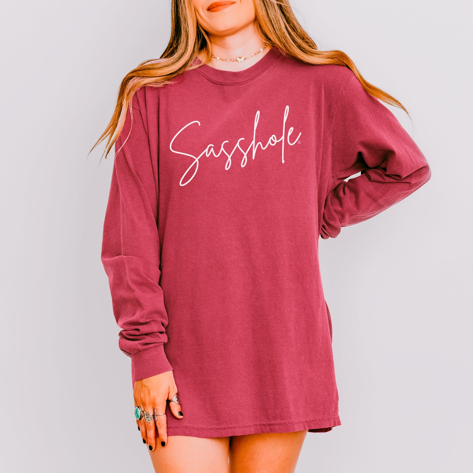 Image of Sasshole® Women’s Comfort Colors® Long Sleeve Tee – Script Funny Graphic Shirt