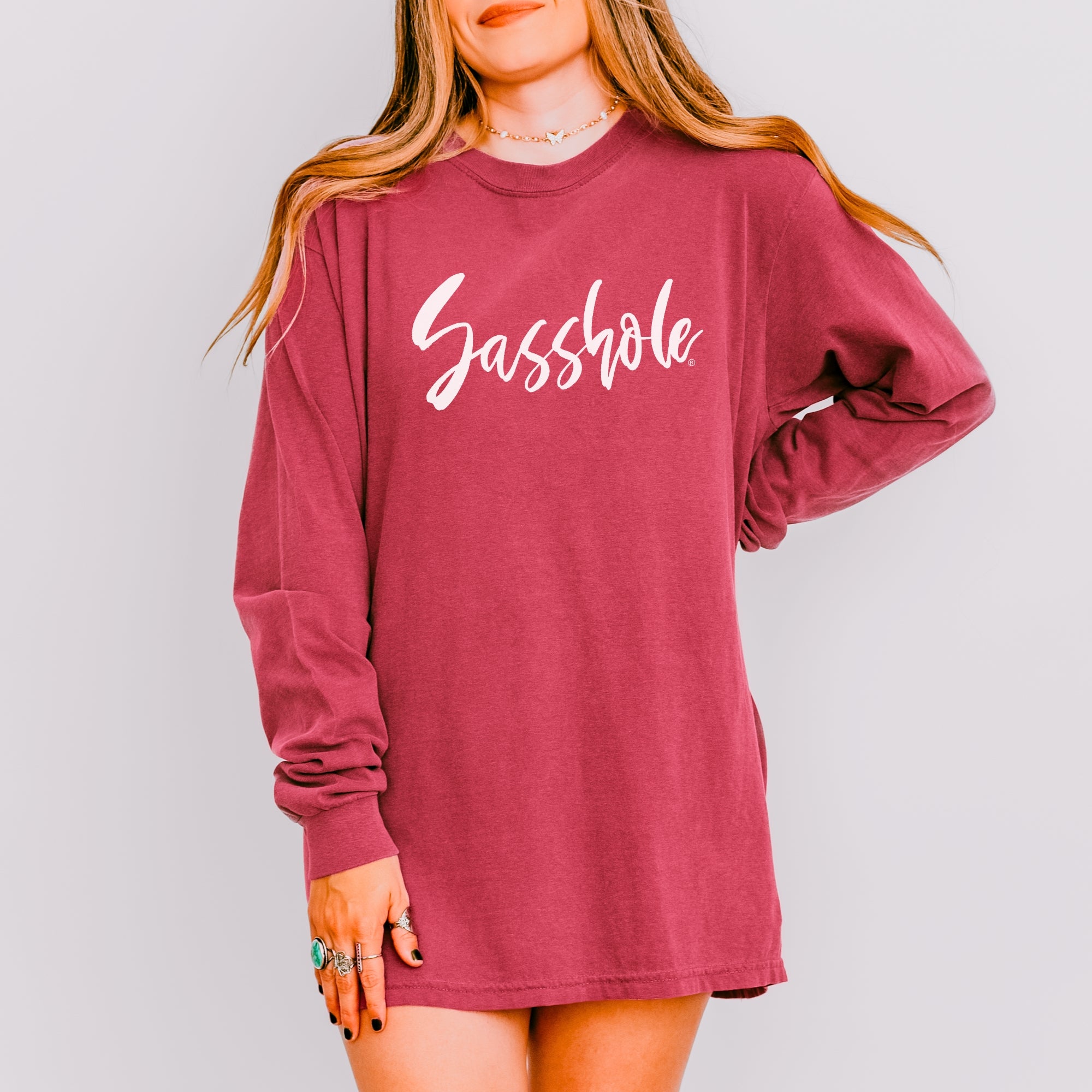 Image of Sasshole® Signature Script Long Sleeve T-Shirt – Bold Funny Women’s Graphic Tee