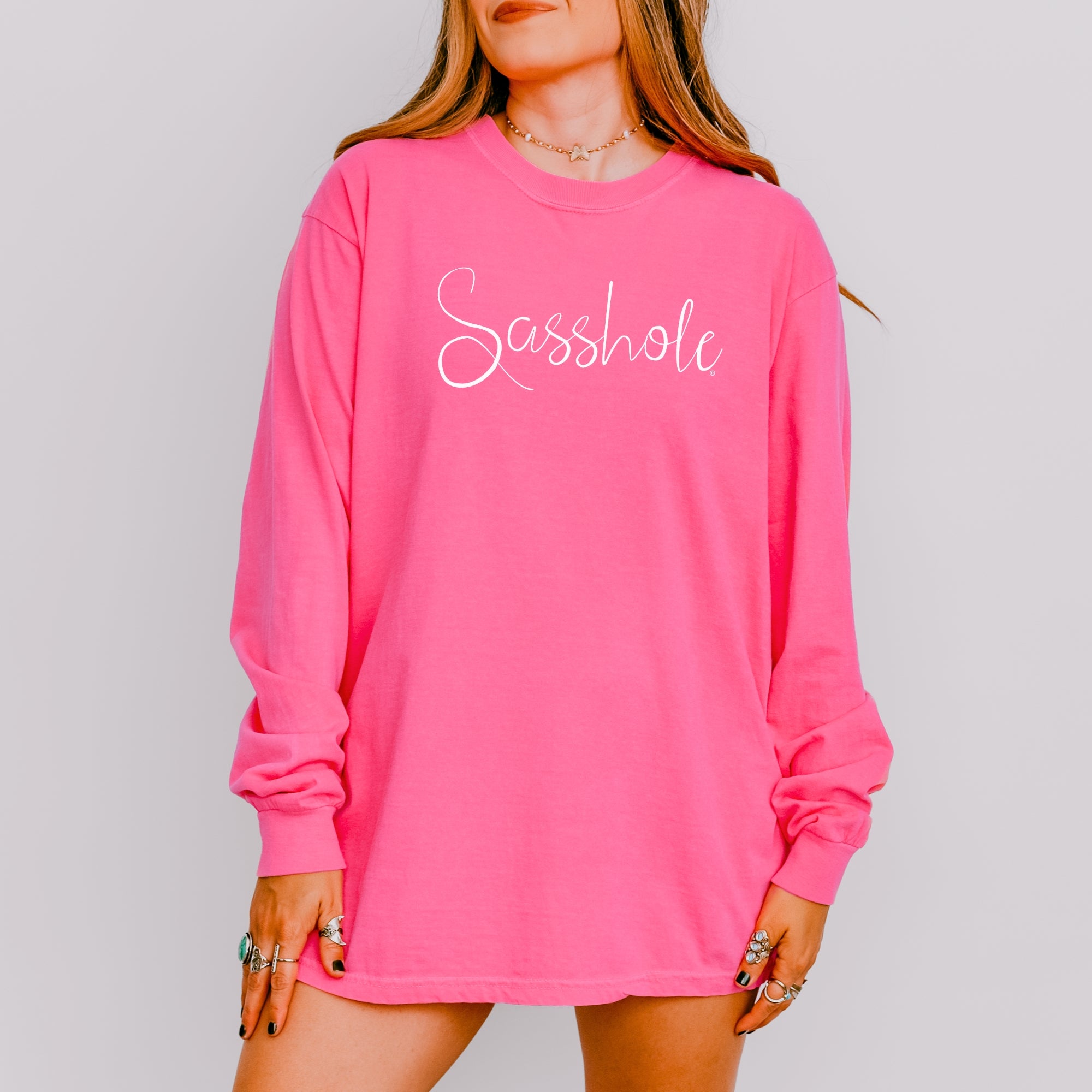 Image of Sasshole® Women’s Comfort Colors® Long Sleeve Tee – Script Logo Funny Graphic Shirt, Bold Statement Top