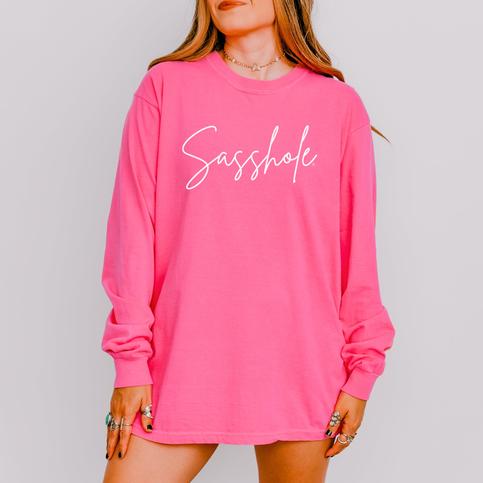 Image of Sasshole® Women’s Comfort Colors® Long Sleeve Tee – Script Funny Graphic Shirt