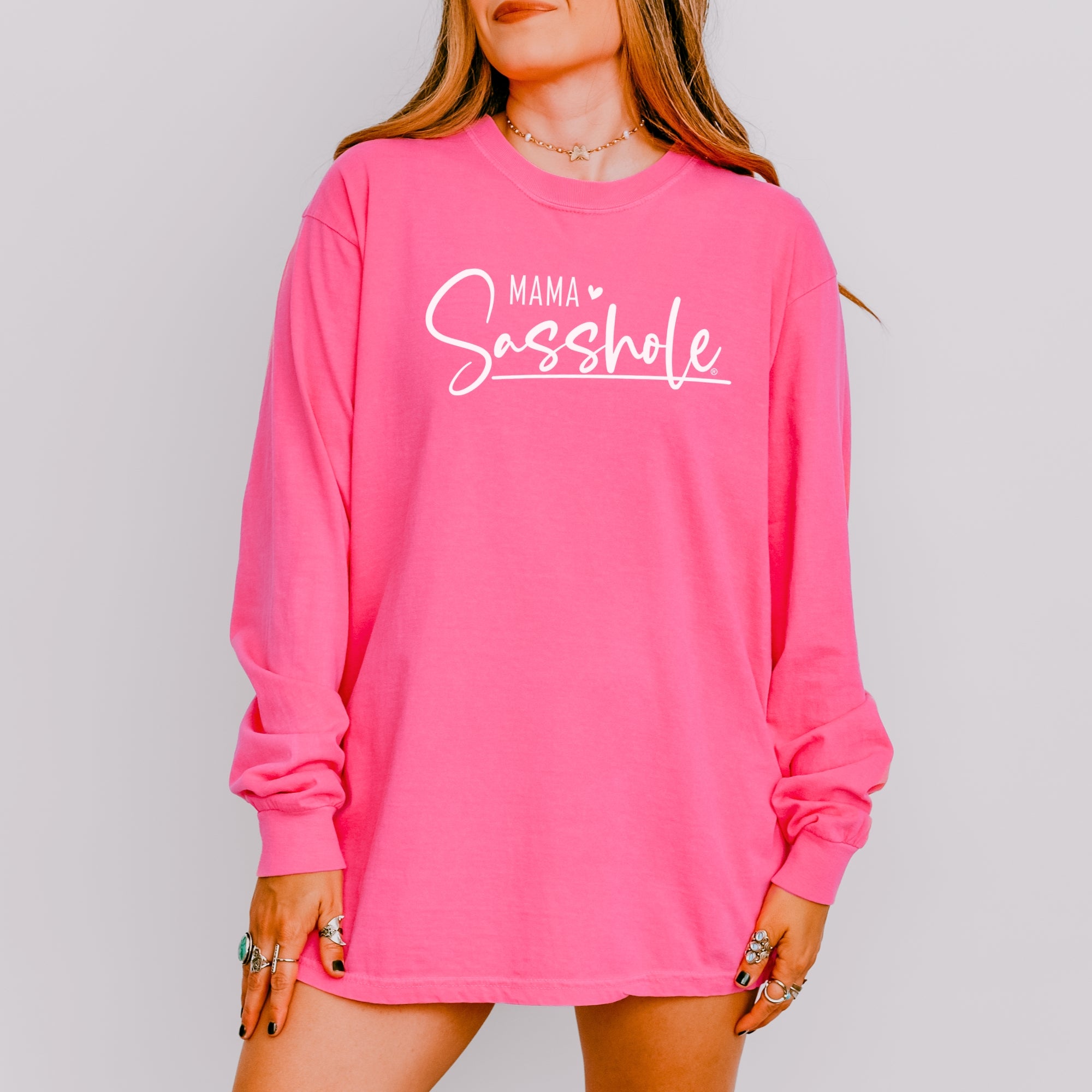 Image of Mama Sasshole® Women’s Comfort Colors® Long Sleeve Tee – Funny Mom Graphic Shirt, Bold Statement Top