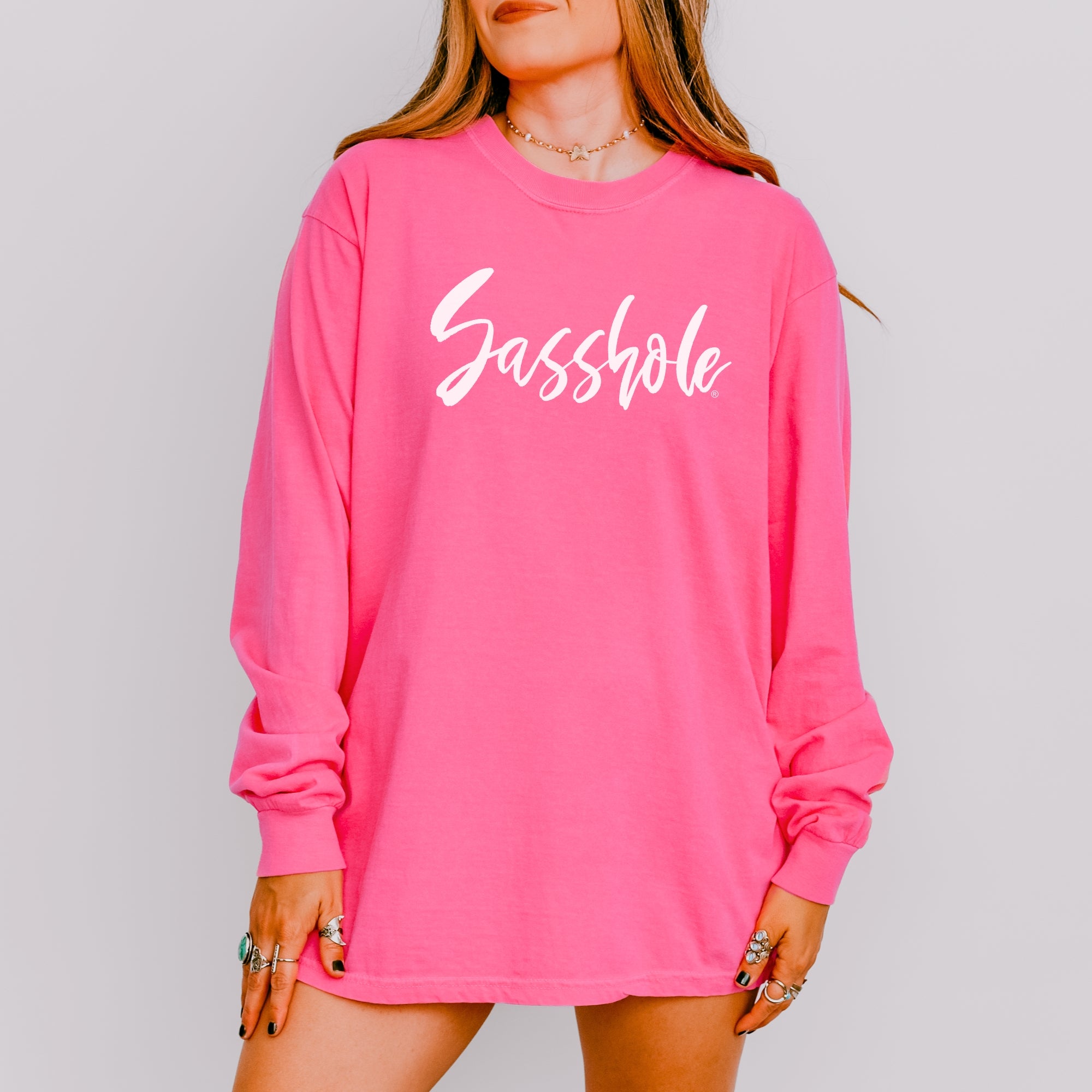 Image of Sasshole® Signature Script Long Sleeve T-Shirt – Bold Funny Women’s Graphic Tee