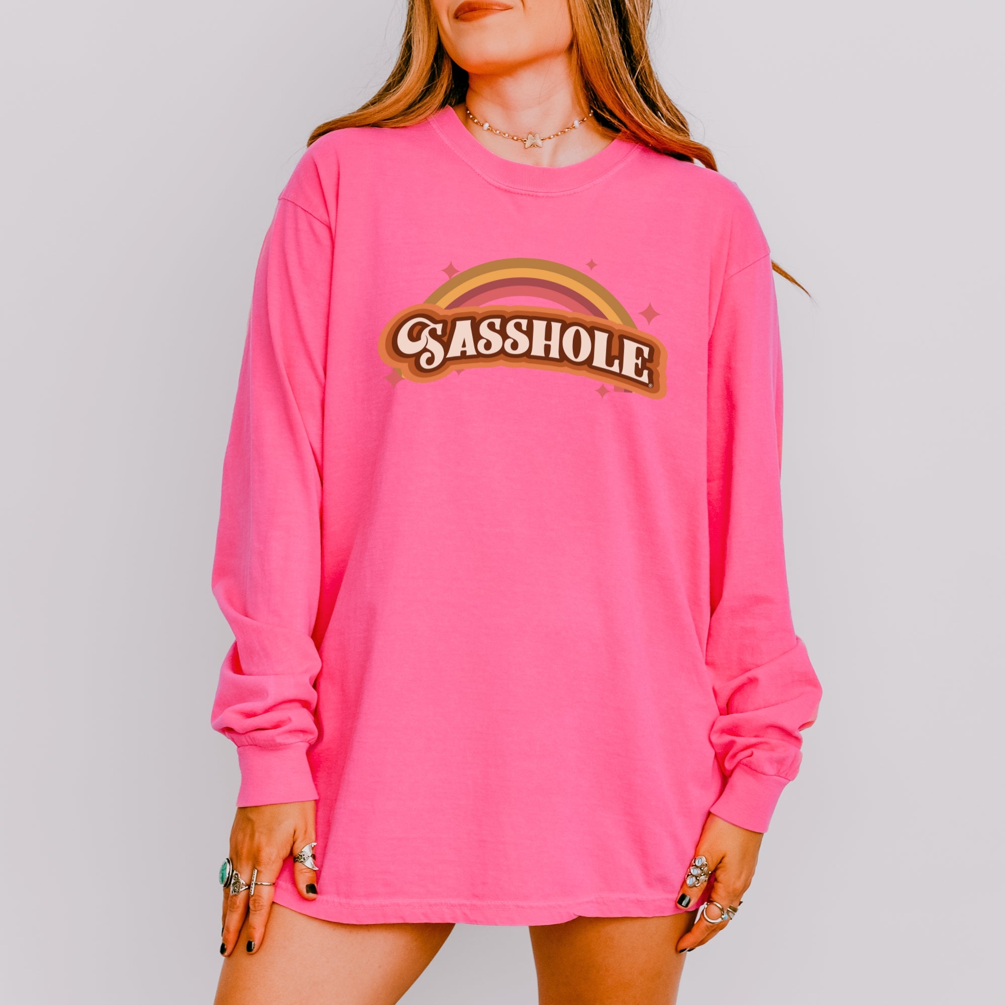Image of Sasshole® Women’s Comfort Colors® Long Sleeve Tee – “Retro Rainbow” Funny Graphic Shirt, Bold Statement Top