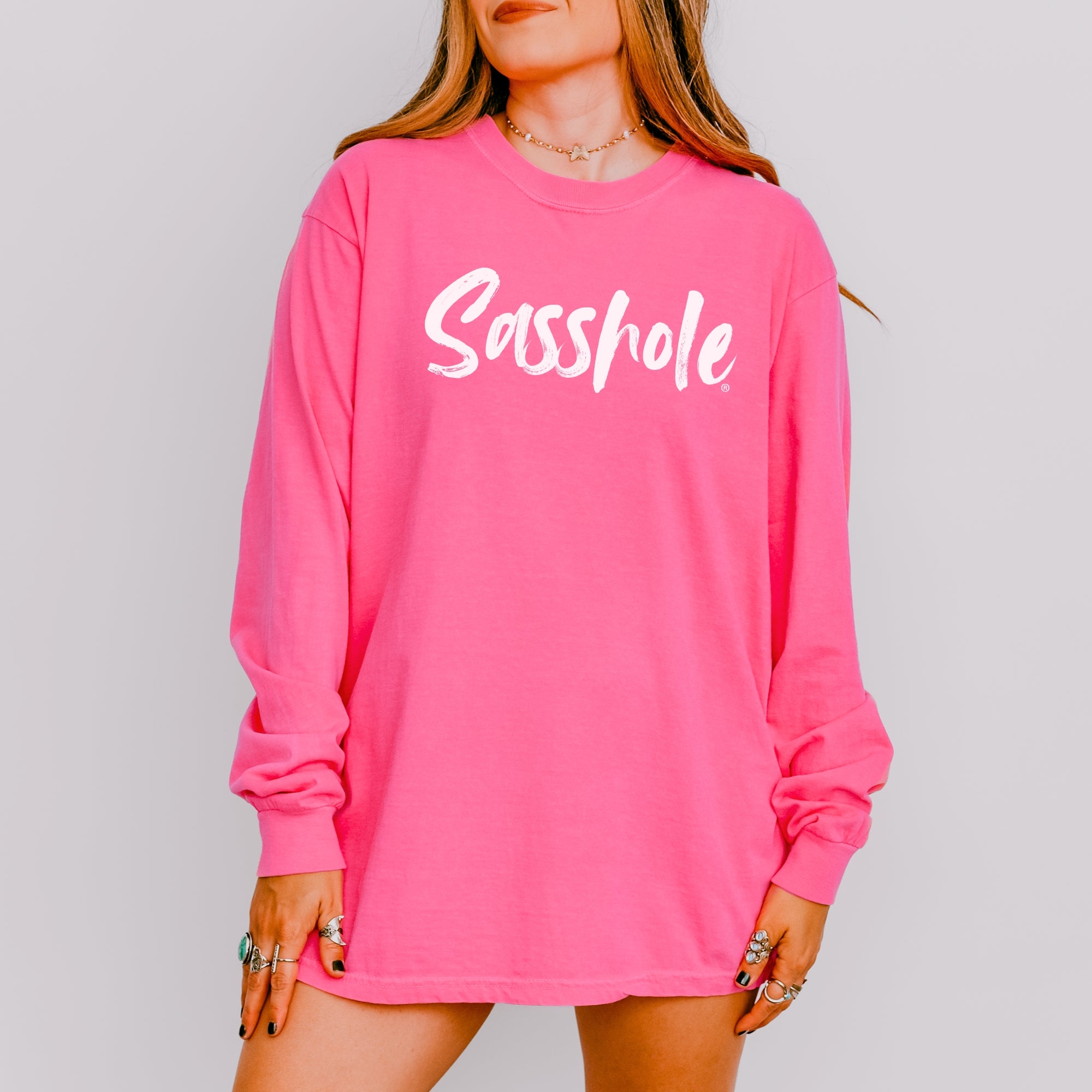 Image of Sasshole® Women’s Comfort Colors® Long Sleeve Tee – Bold Script Logo, Funny Graphic Shirt