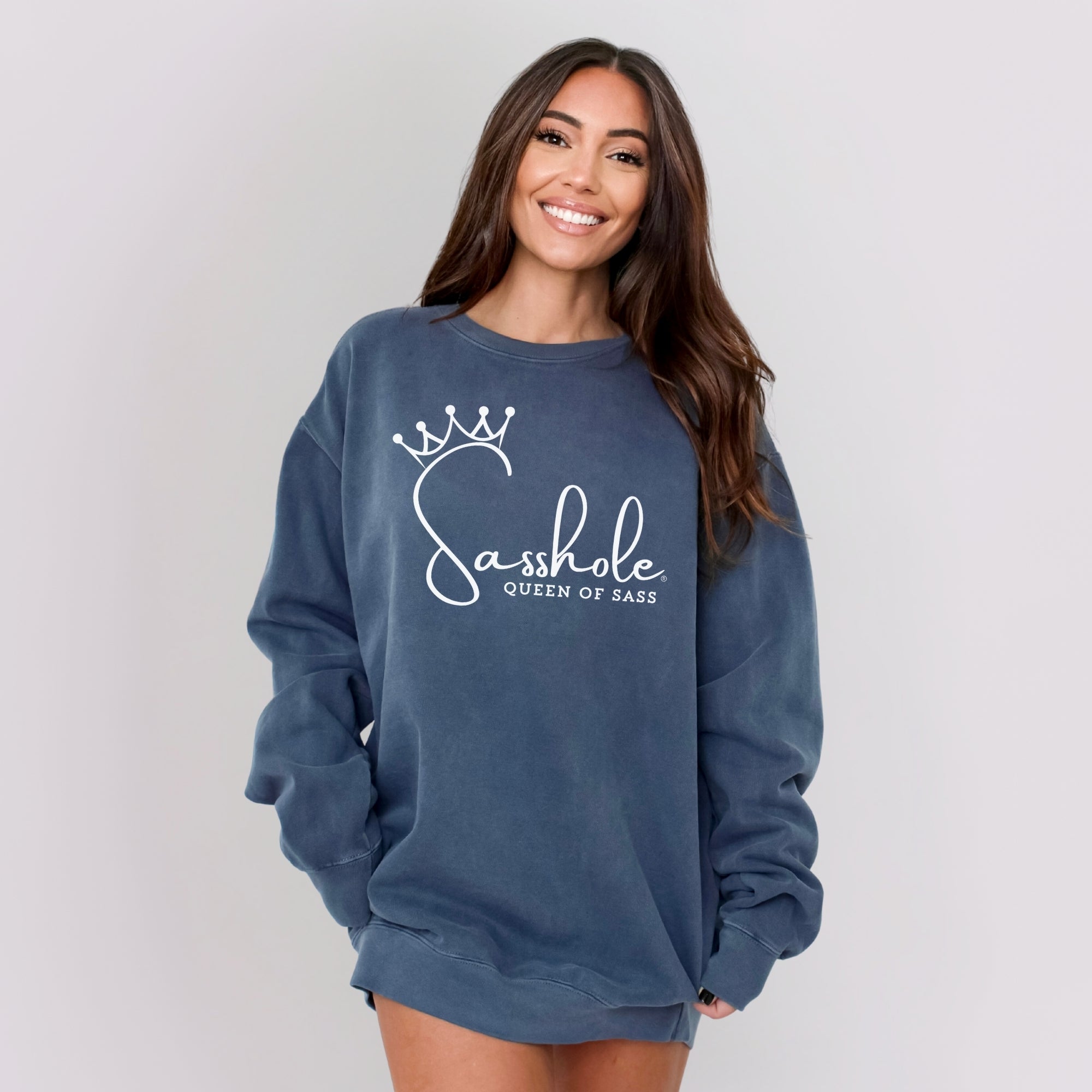 Image of Sasshole® Queen of Sass Relaxed Fit Comfort Colors® Sweatshirt – Funny Women’s Graphic Pullover