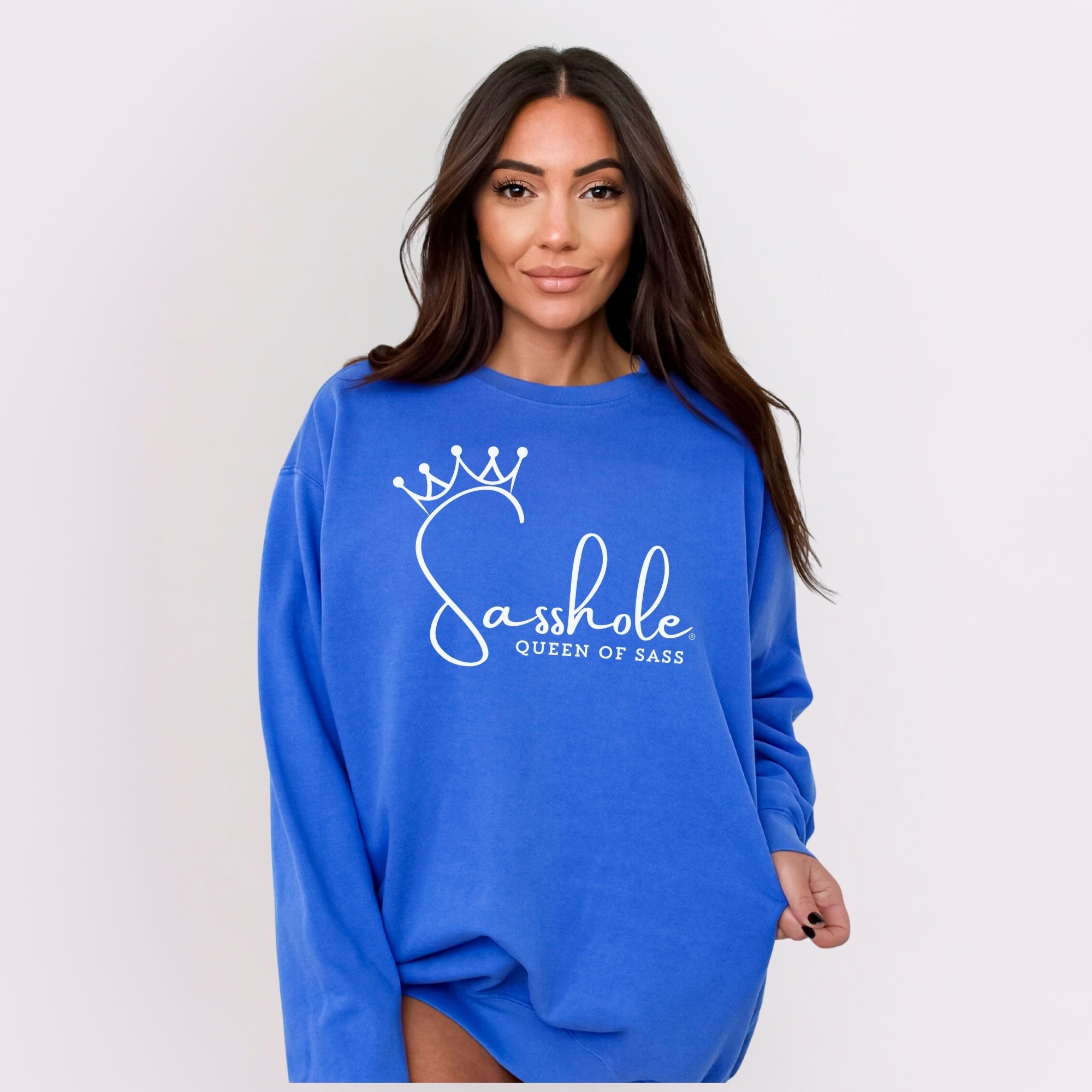 Image of Sasshole® Queen of Sass Relaxed Fit Comfort Colors® Sweatshirt – Funny Women’s Graphic Pullover