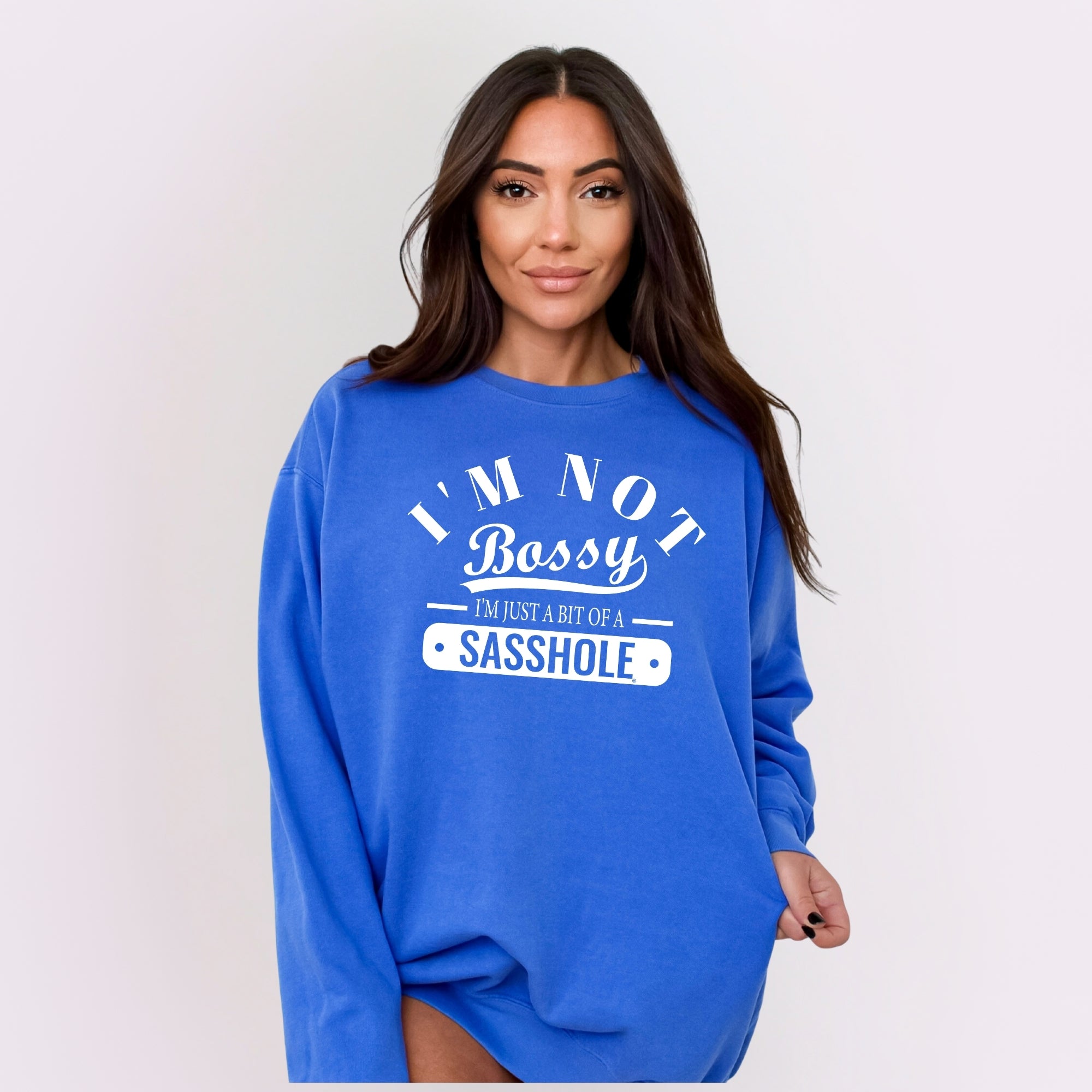 Image of Sasshole® Women’s Relaxed Fit Comfort Colors® Sweatshirt – I’m Not Bossy Funny Graphic Pullover