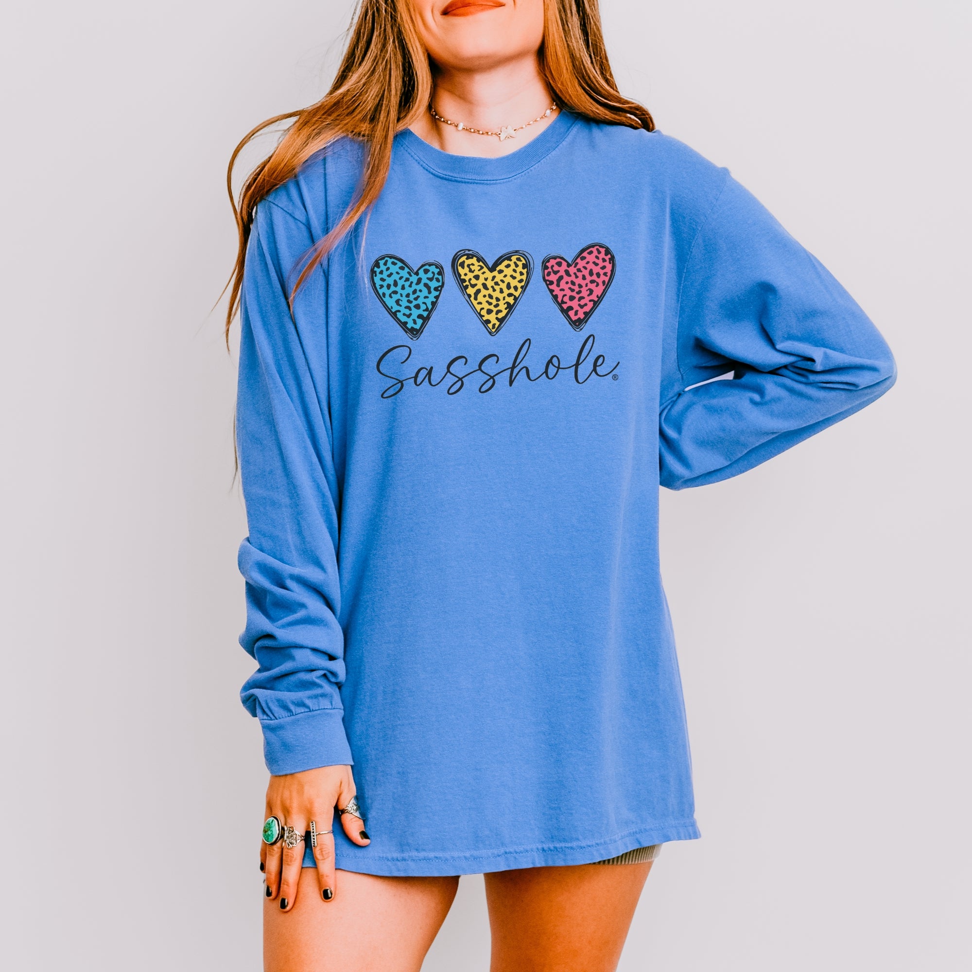 Image of Sasshole® Women’s Comfort Colors® Long Sleeve Tee – “Triple Heart” Funny Graphic T-Shirt, Cozy Statement Shirt