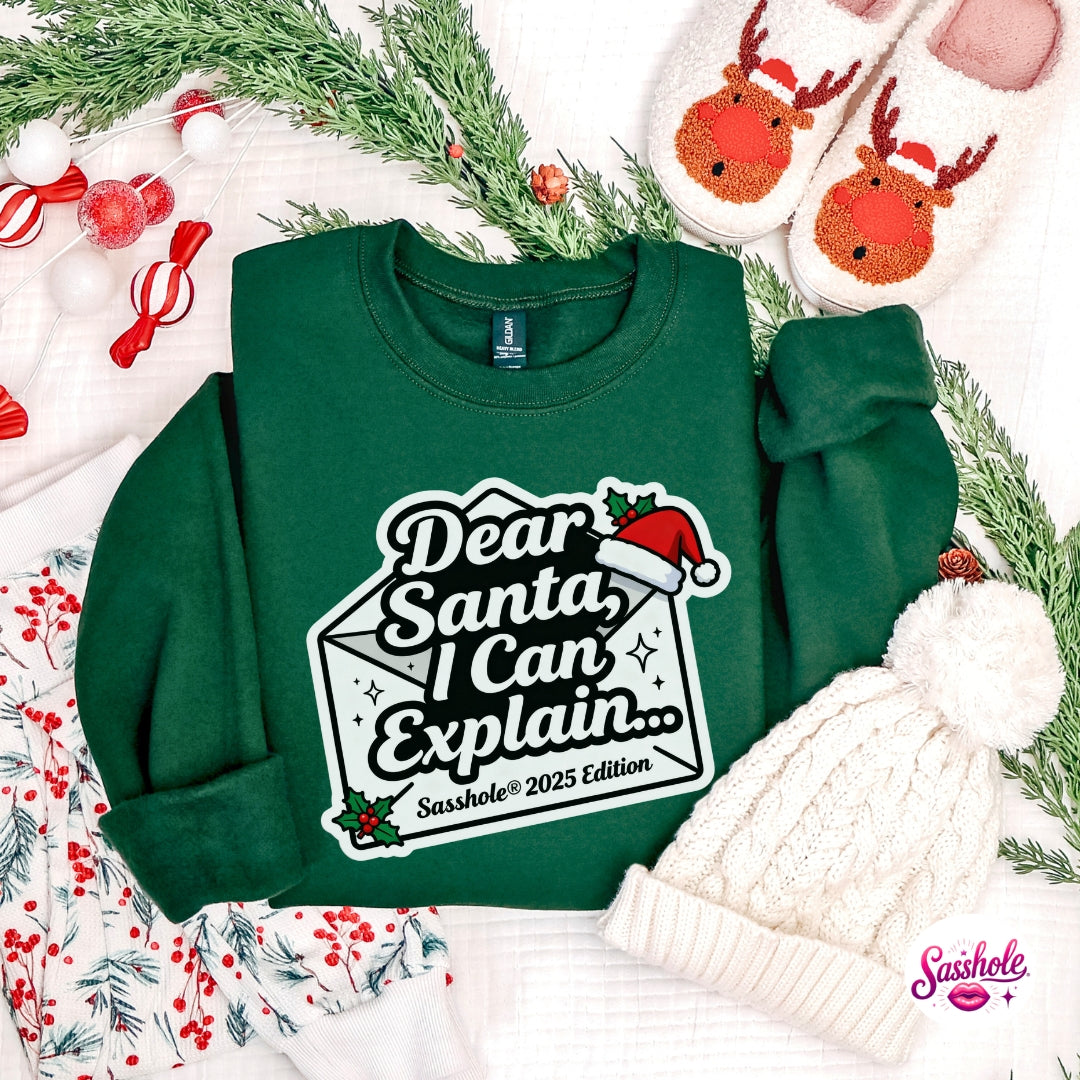 Image of Green sweatshirt with 'Dear Santa, I Can Explain' text on a festive background