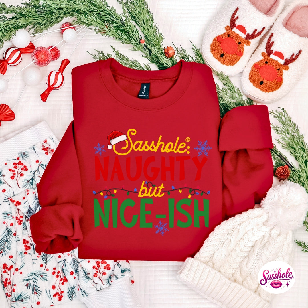 Image of Sasshole® Naughty but Nice-ish Christmas Sweatshirt – Funny Holiday Women’s Sweater