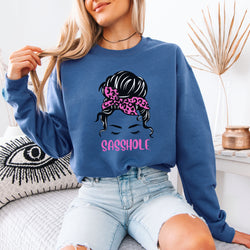 Image of Funny Top Knot Women’s Classic Fit Sweatshirt – Leopard Bandana Graphic Pullover by Sasshole®