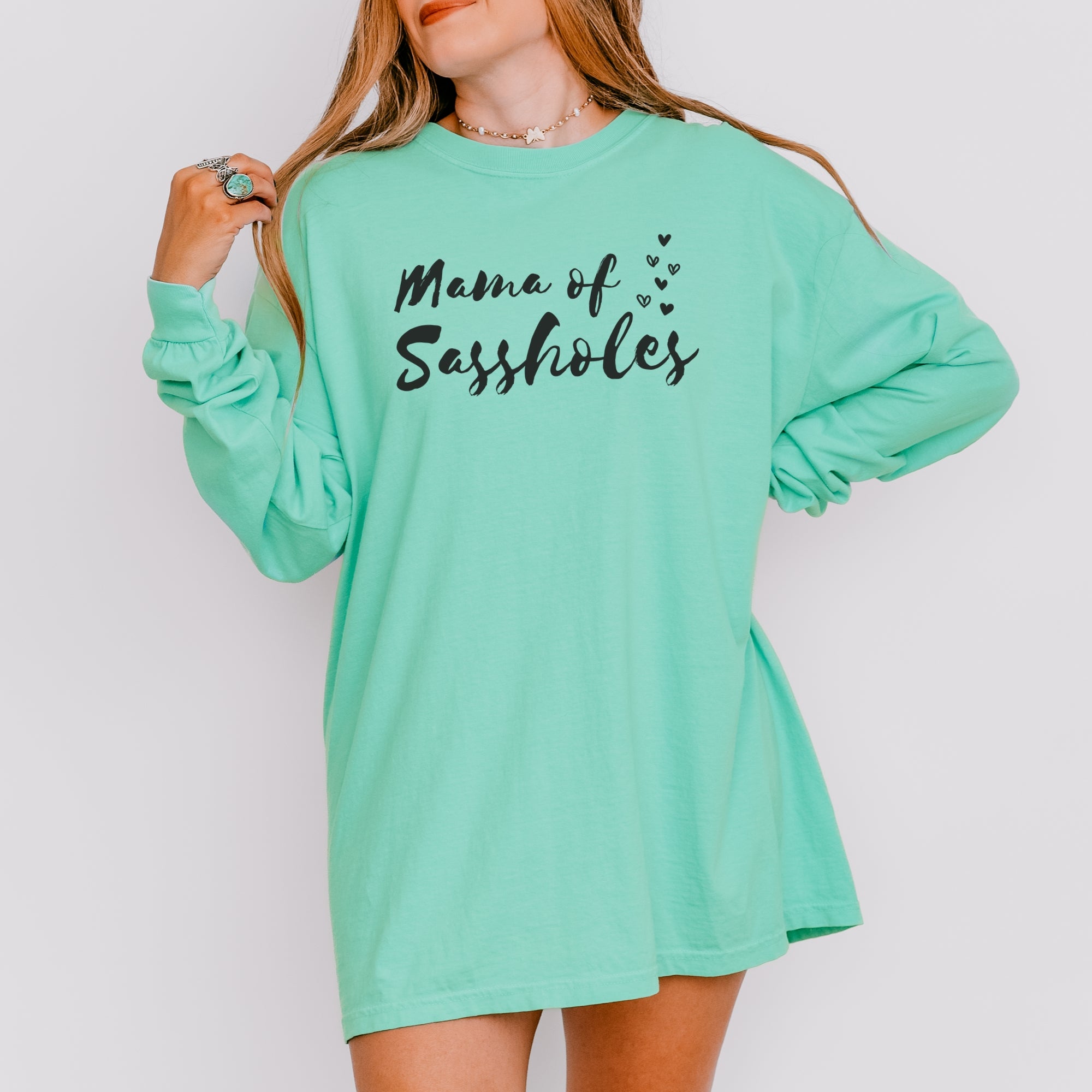 Image of Mama of Sassholes® Women’s Comfort Colors® Long Sleeve Tee – Funny Graphic Shirt for Moms, Bold Statement Top