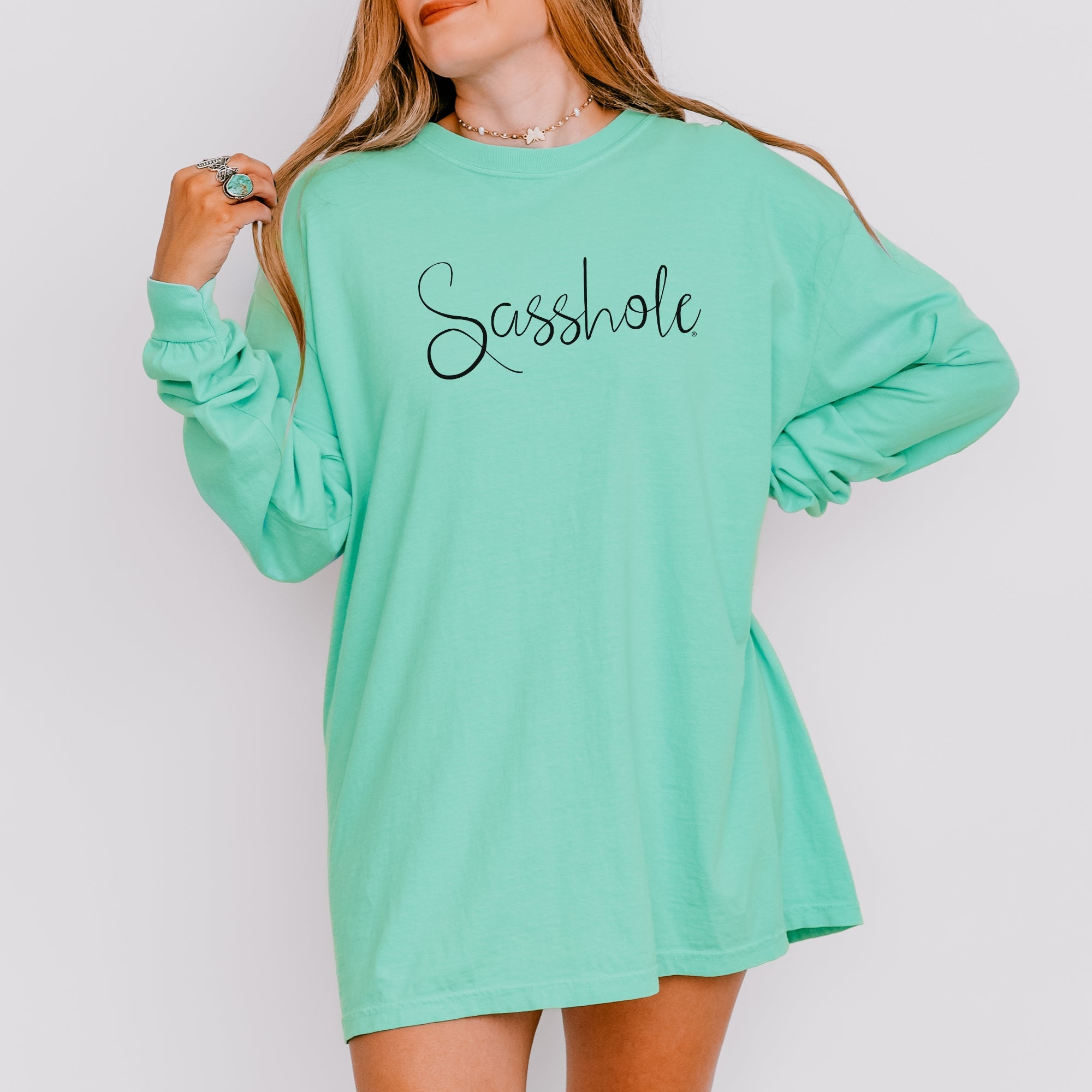 Image of Sasshole® Women’s Comfort Colors® Long Sleeve Tee – Script Logo Funny Graphic Shirt, Bold Statement Top