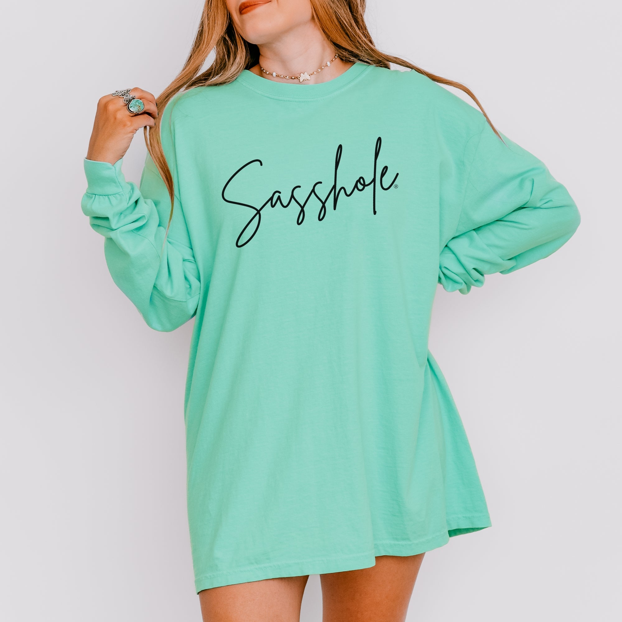 Image of Sasshole® Women’s Comfort Colors® Long Sleeve Tee – Script Funny Graphic Shirt