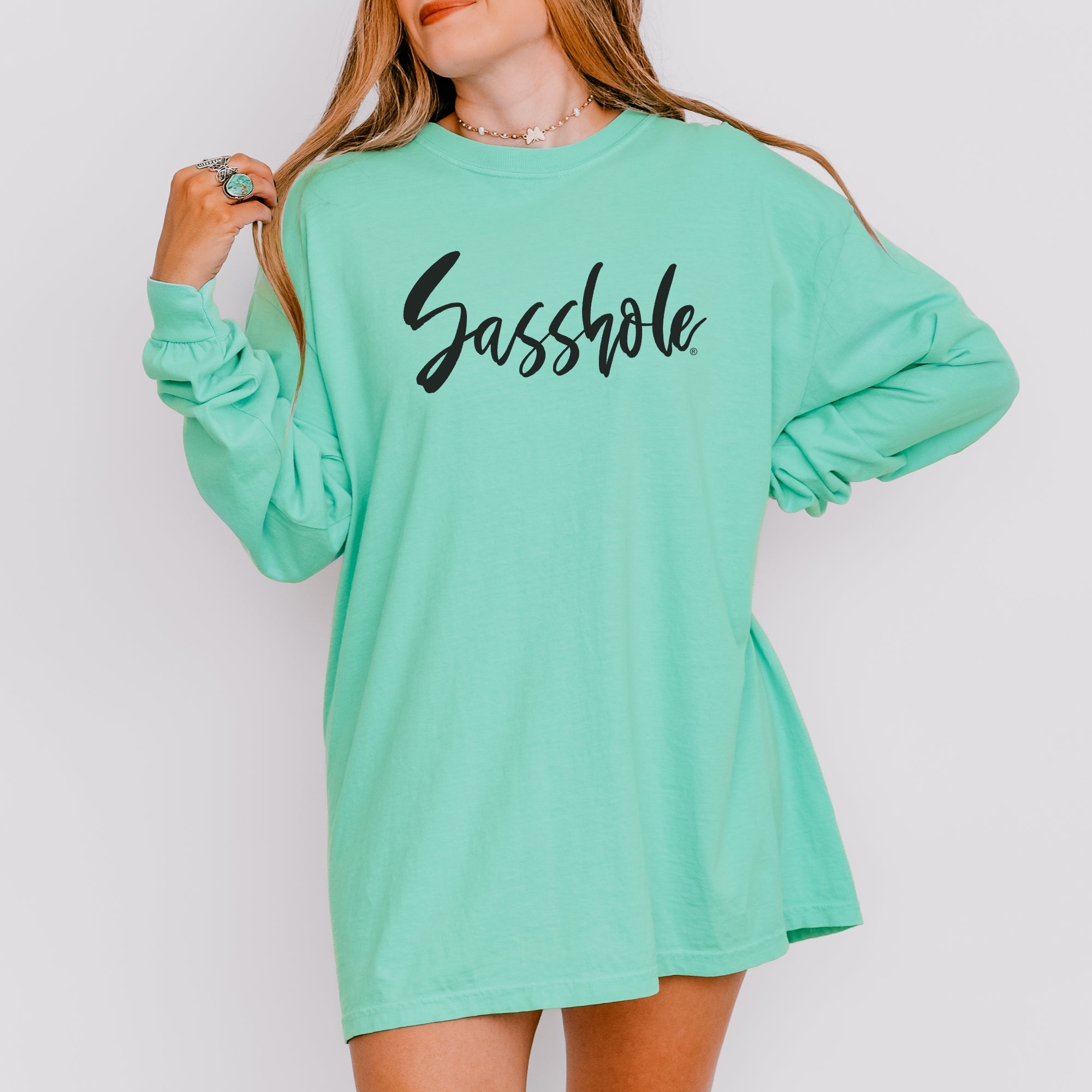 Image of Sasshole® Signature Script Long Sleeve T-Shirt – Bold Funny Women’s Graphic Tee