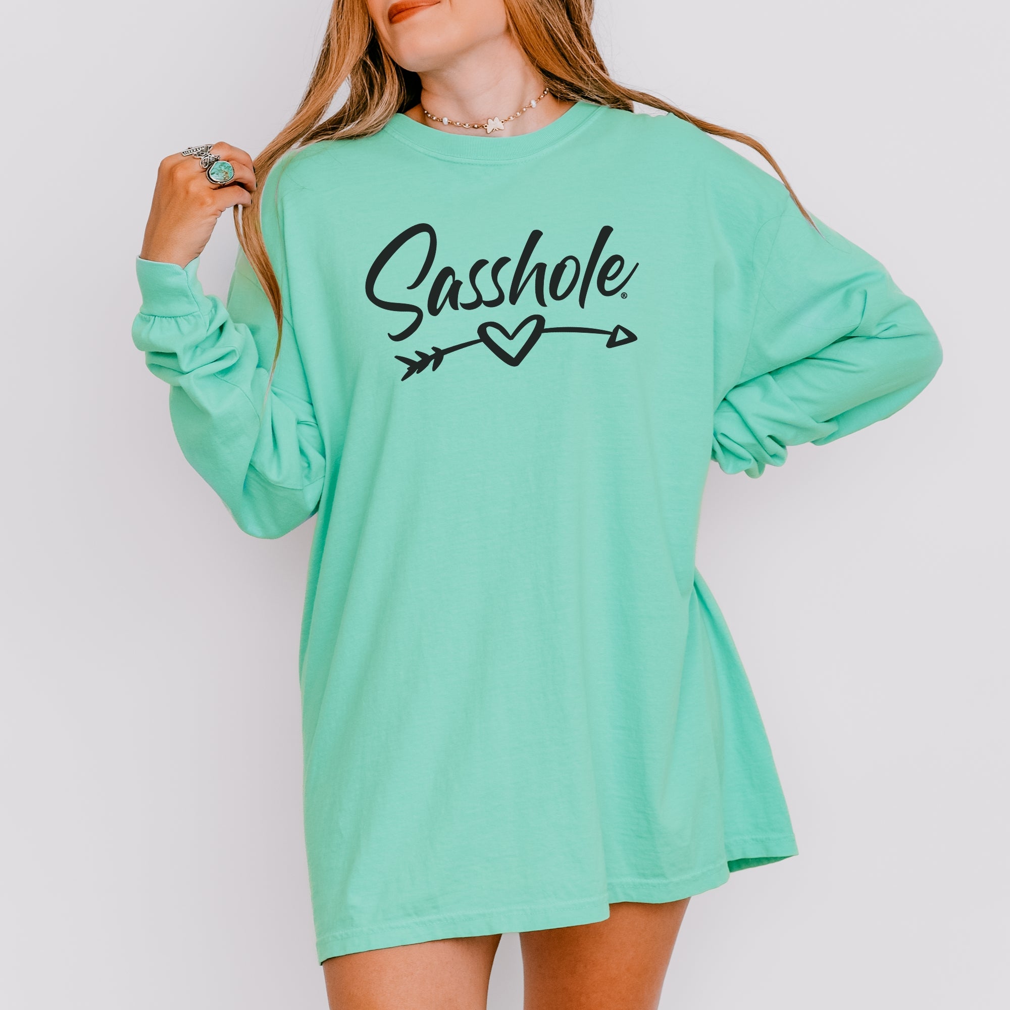 Image of Sasshole® Women’s Long Sleeve Tee – Heart & Arrow Graphic | Bold, Cozy Attitude
