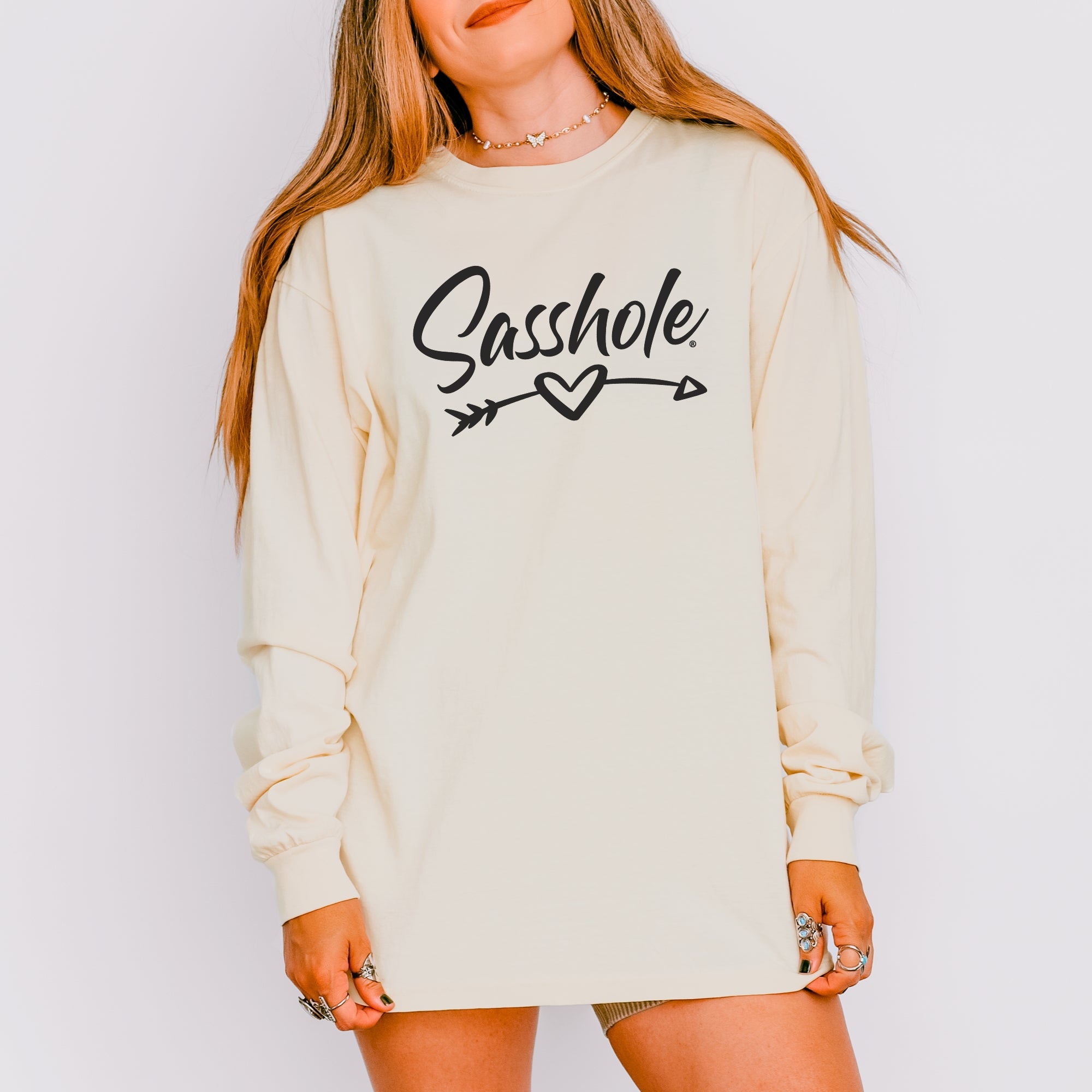 Image of Sasshole® Women’s Long Sleeve Tee – Heart & Arrow Graphic | Bold, Cozy Attitude