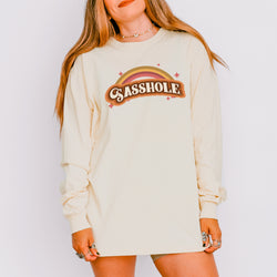 Image of Sasshole® Women’s Comfort Colors® Long Sleeve Tee – “Retro Rainbow” Funny Graphic Shirt, Bold Statement Top