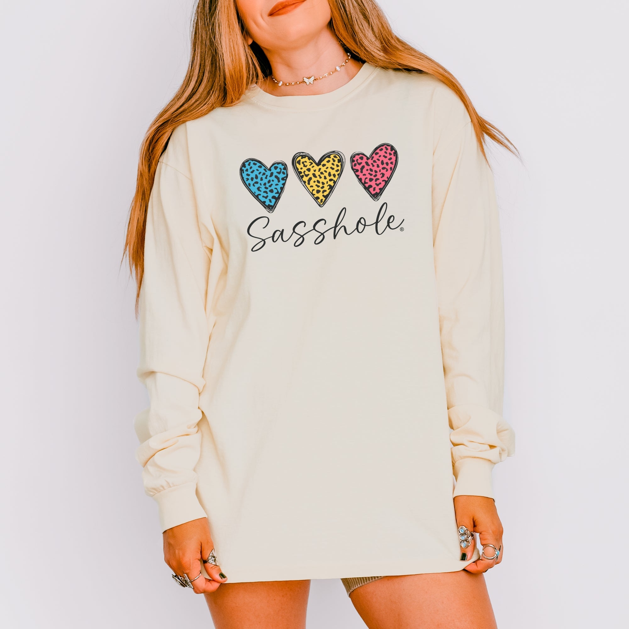 Image of Sasshole® Women’s Comfort Colors® Long Sleeve Tee – “Triple Heart” Funny Graphic T-Shirt, Cozy Statement Shirt