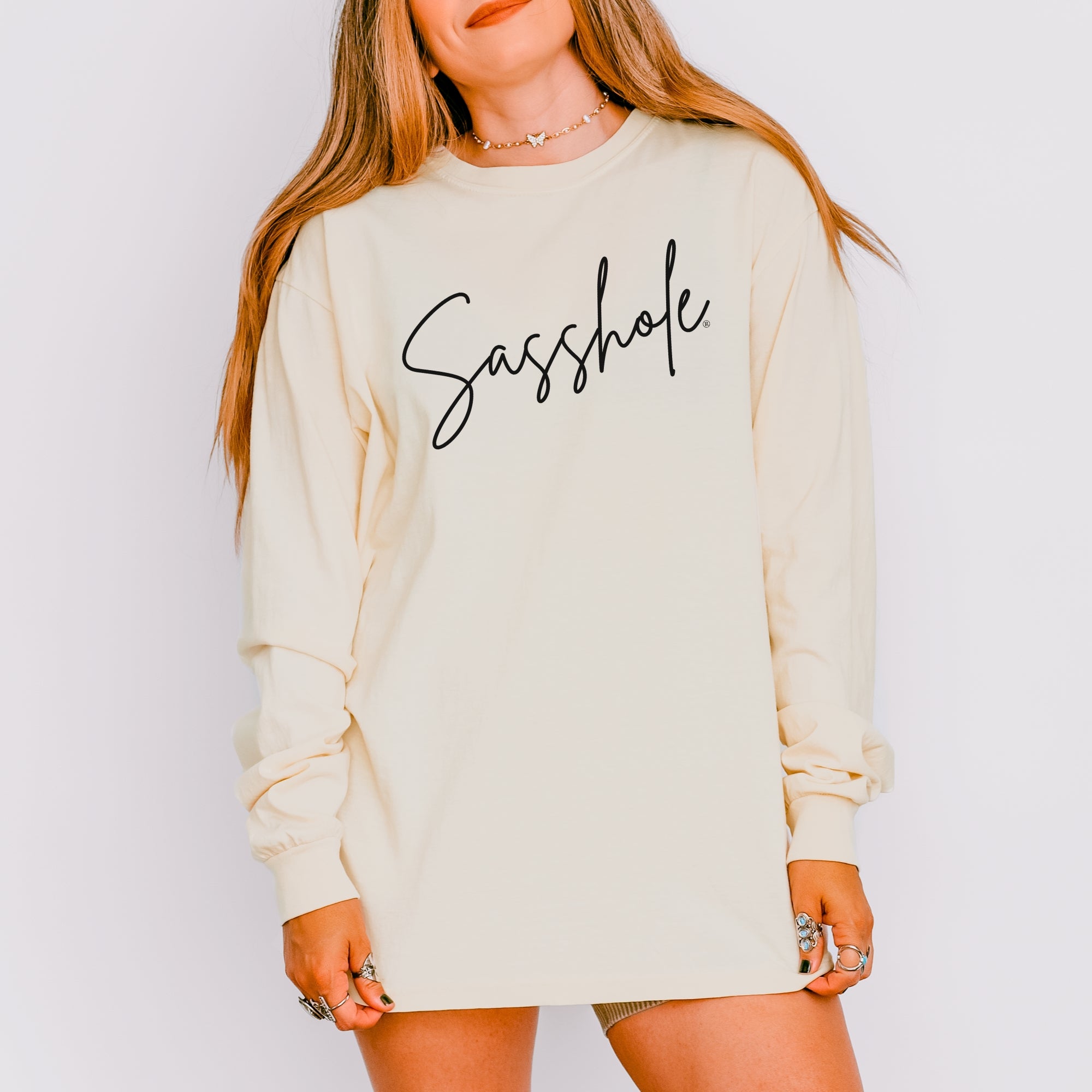 Image of Sasshole® Women’s Comfort Colors® Long Sleeve Tee – Script Funny Graphic Shirt