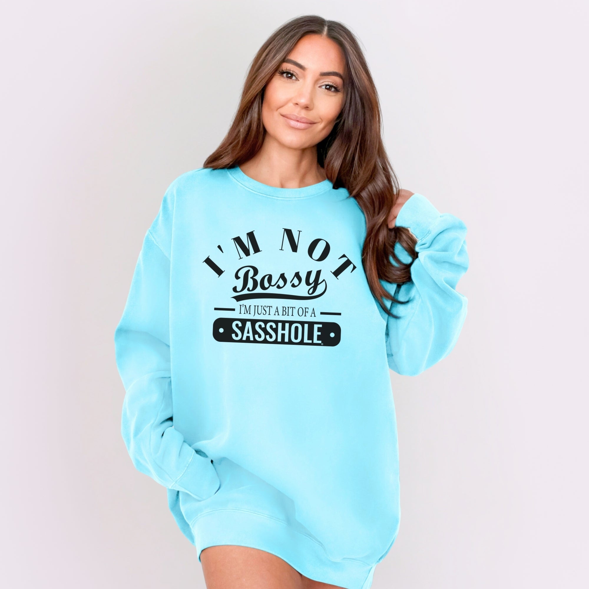 Image of Sasshole® Women’s Relaxed Fit Comfort Colors® Sweatshirt – I’m Not Bossy Funny Graphic Pullover