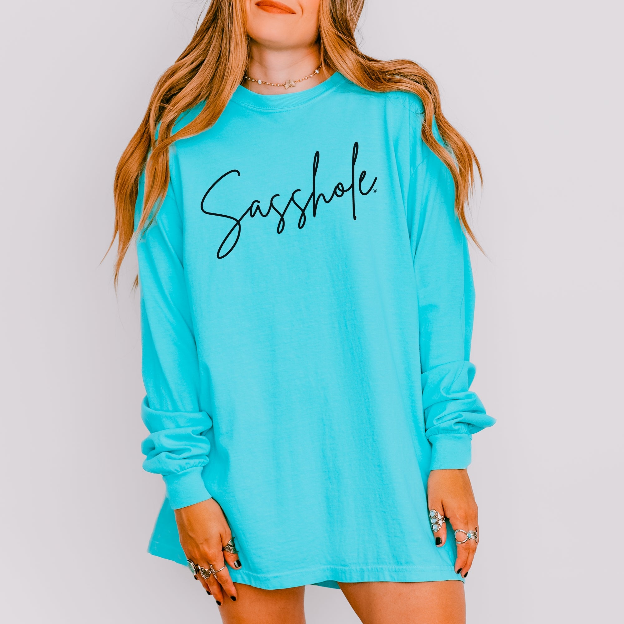 Image of Sasshole® Women’s Comfort Colors® Long Sleeve Tee – Script Funny Graphic Shirt