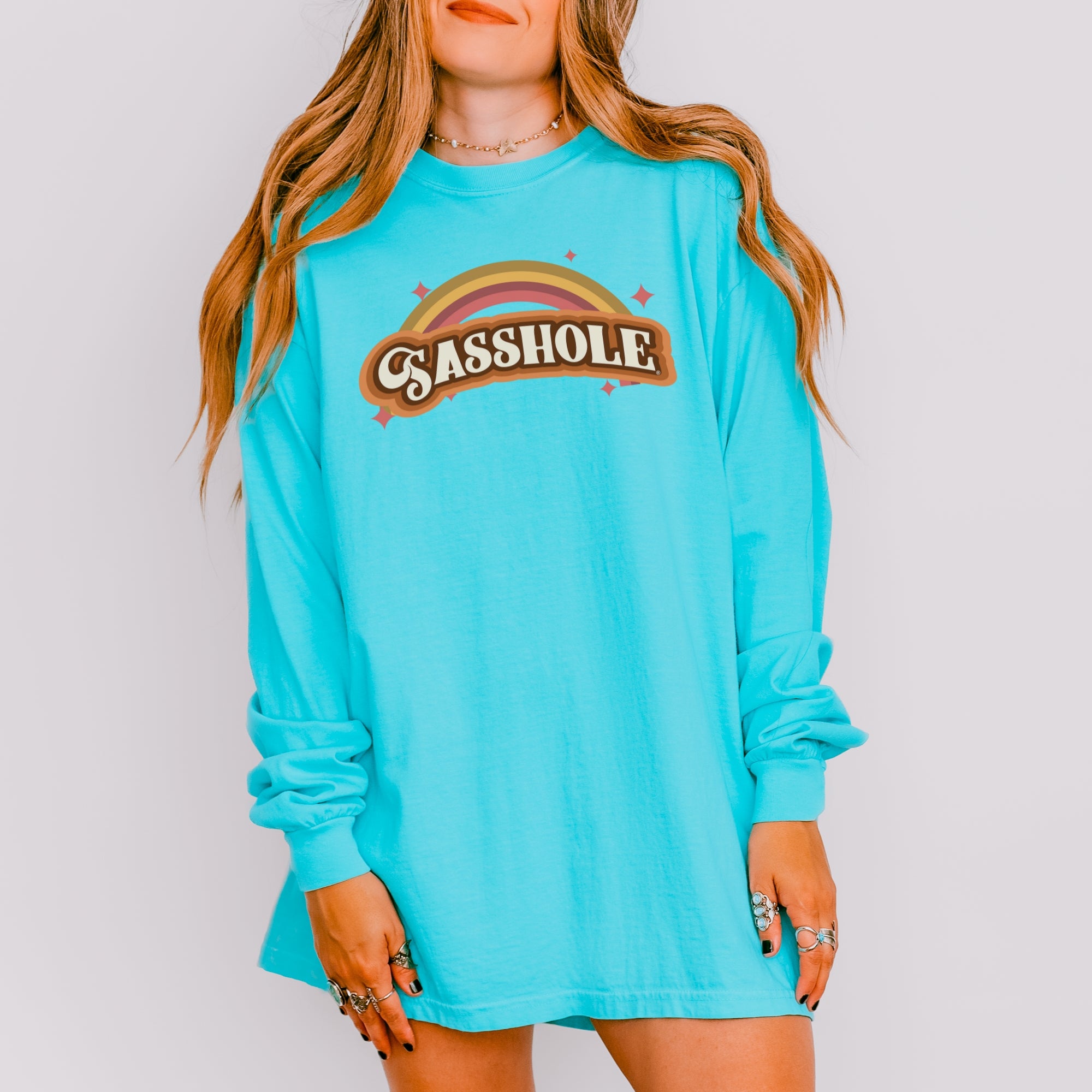 Image of Sasshole® Women’s Comfort Colors® Long Sleeve Tee – “Retro Rainbow” Funny Graphic Shirt, Bold Statement Top