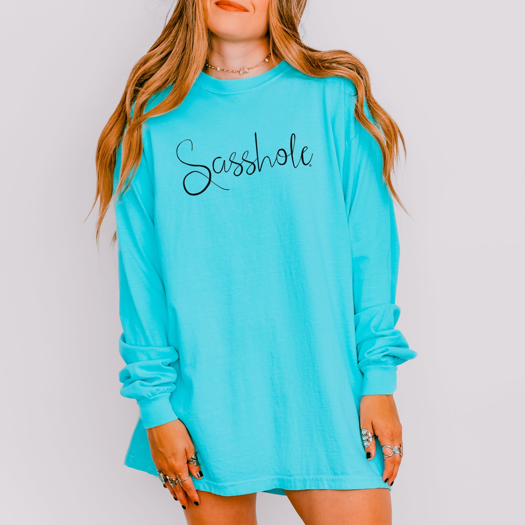 Image of Sasshole® Women’s Comfort Colors® Long Sleeve Tee – Script Logo Funny Graphic Shirt, Bold Statement Top