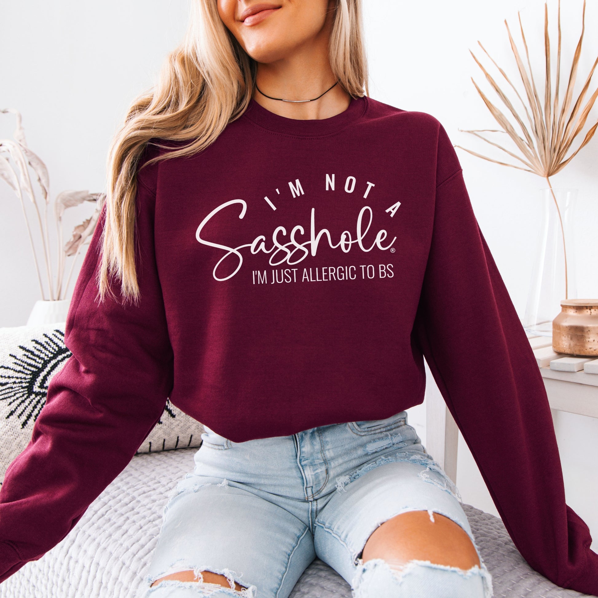 Women’s Classic Fit Graphic Sweatshirt – Allergic to BS Funny Fleece Pullover by Sasshole®