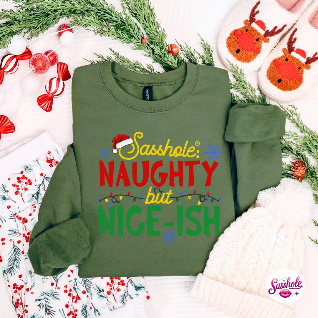 Image of Sasshole® Naughty but Nice-ish Christmas Sweatshirt – Funny Holiday Women’s Sweater