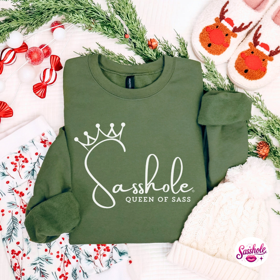 Sasshole® Queen of Sass Christmas Sweatshirt – Funny Holiday Women’s Pullover