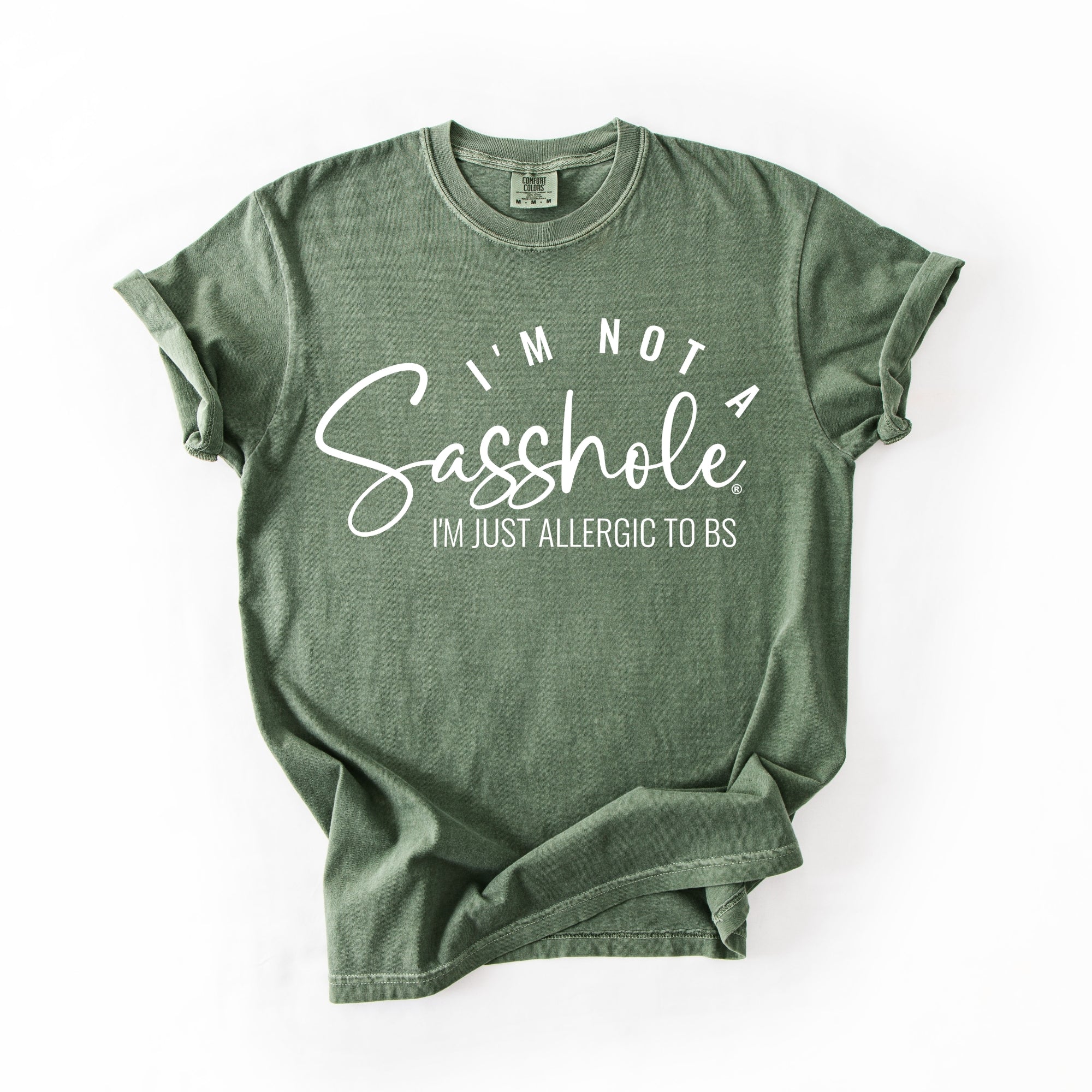 Image of Sasshole® Women’s Comfort Colors® Tee – “I’m Not a Sasshole, I’m Just Allergic to BS” Funny Graphic Shirt (Relaxed Fit)