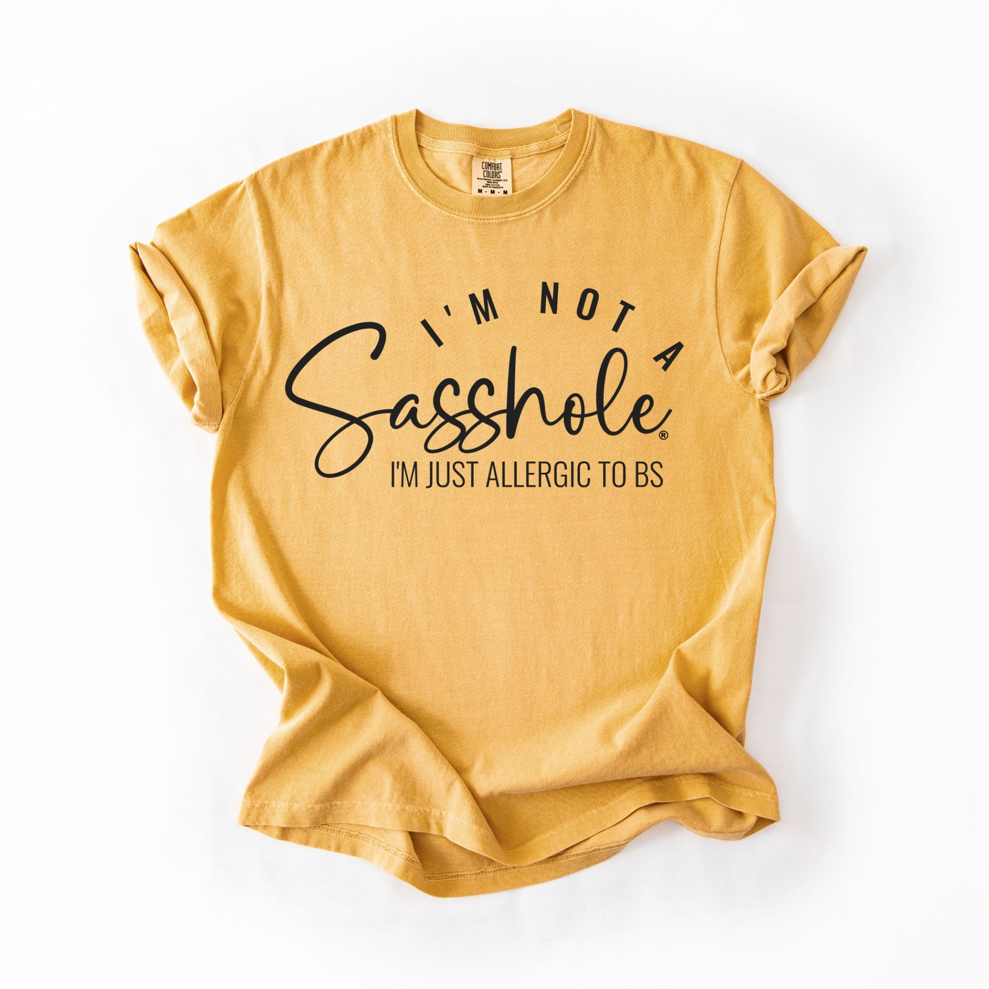 Image of Sasshole® Women’s Comfort Colors® Tee – “I’m Not a Sasshole, I’m Just Allergic to BS” Funny Graphic Shirt (Relaxed Fit)