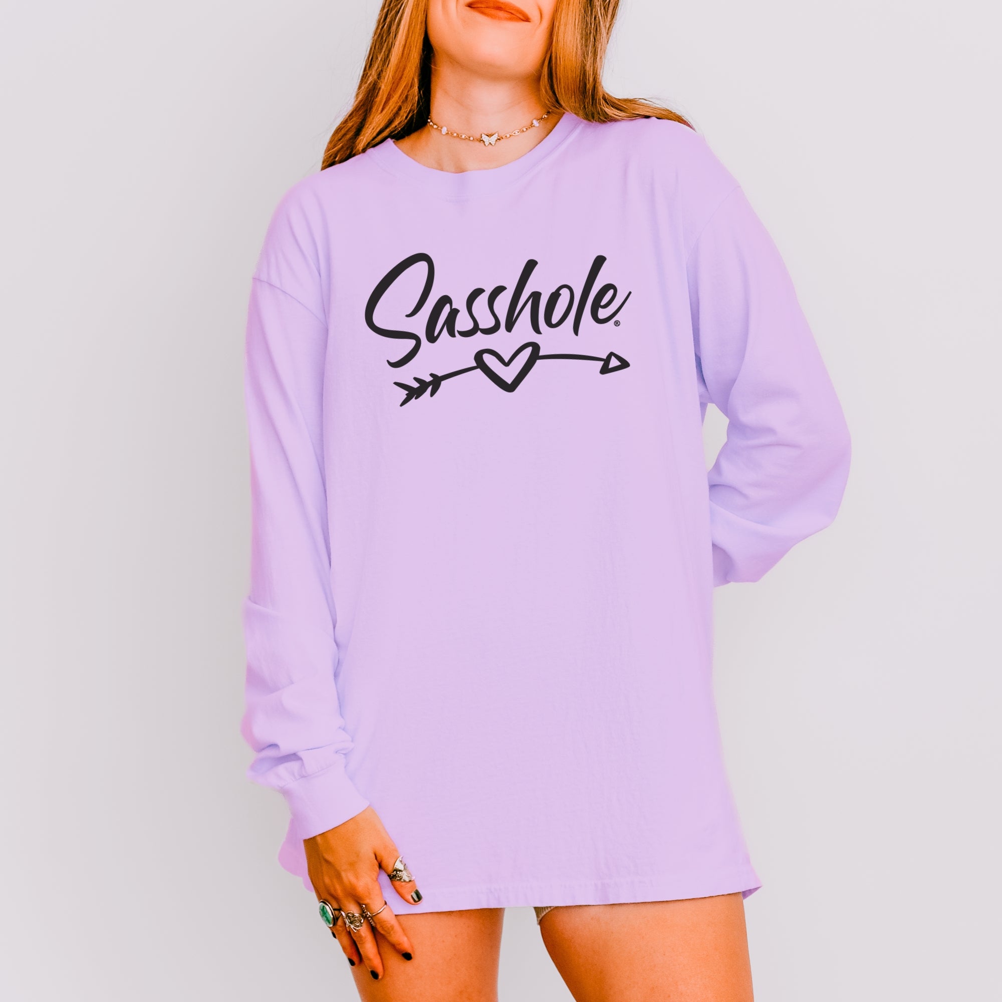 Image of Sasshole® Women’s Long Sleeve Tee – Heart & Arrow Graphic | Bold, Cozy Attitude