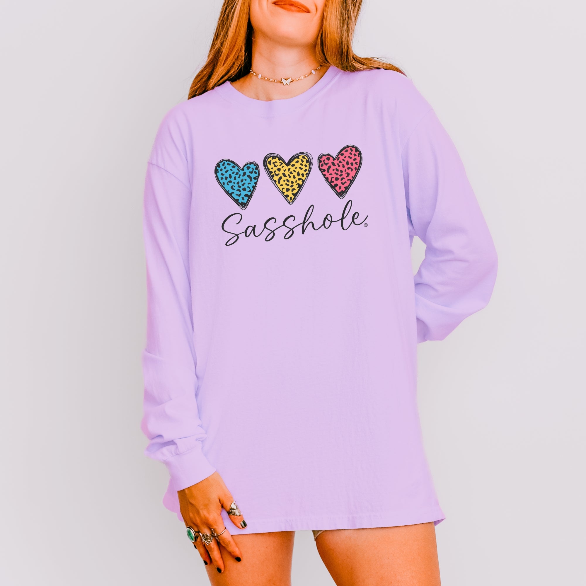 Image of Sasshole® Women’s Comfort Colors® Long Sleeve Tee – “Triple Heart” Funny Graphic T-Shirt, Cozy Statement Shirt