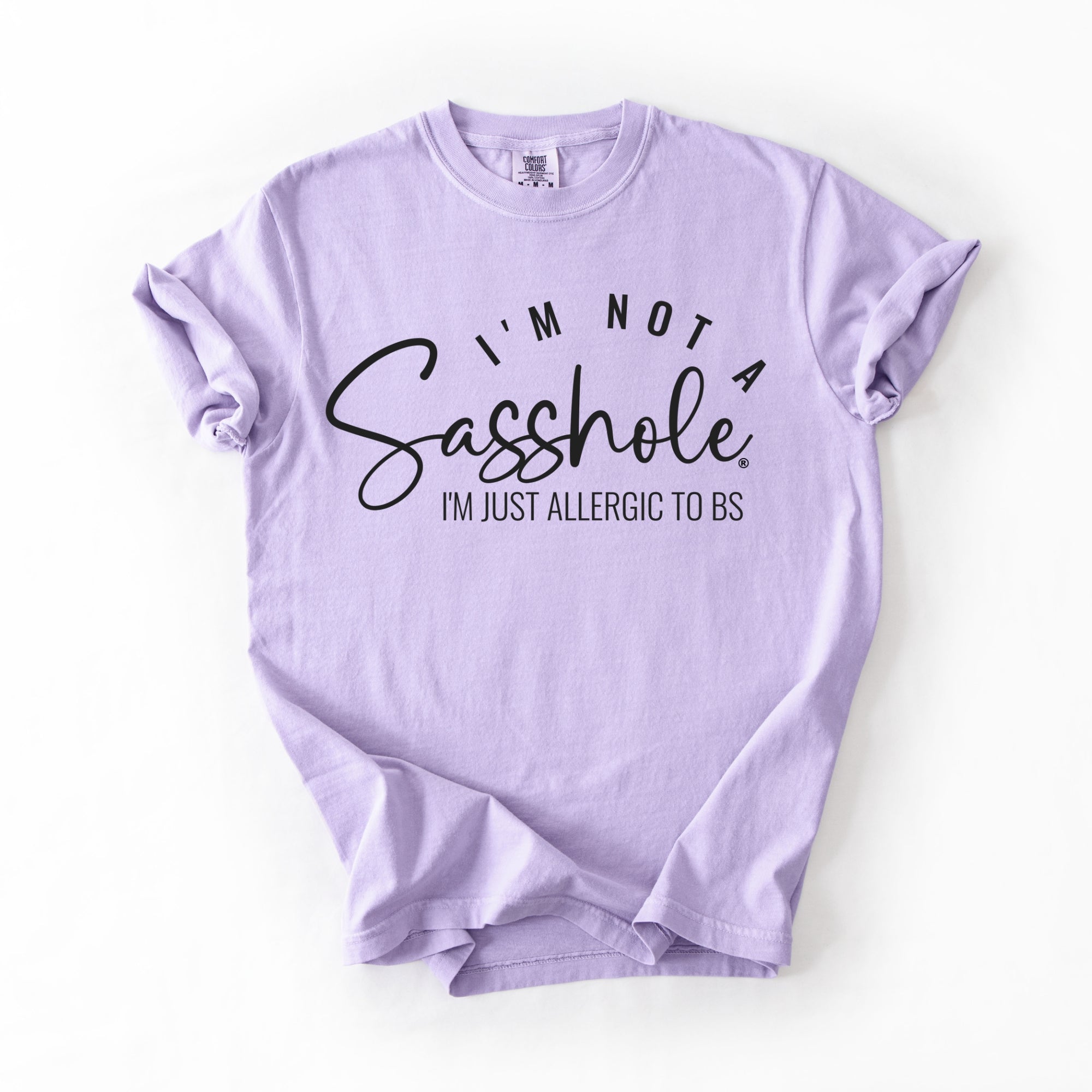 Image of Sasshole® Women’s Comfort Colors® Tee – “I’m Not a Sasshole, I’m Just Allergic to BS” Funny Graphic Shirt (Relaxed Fit)